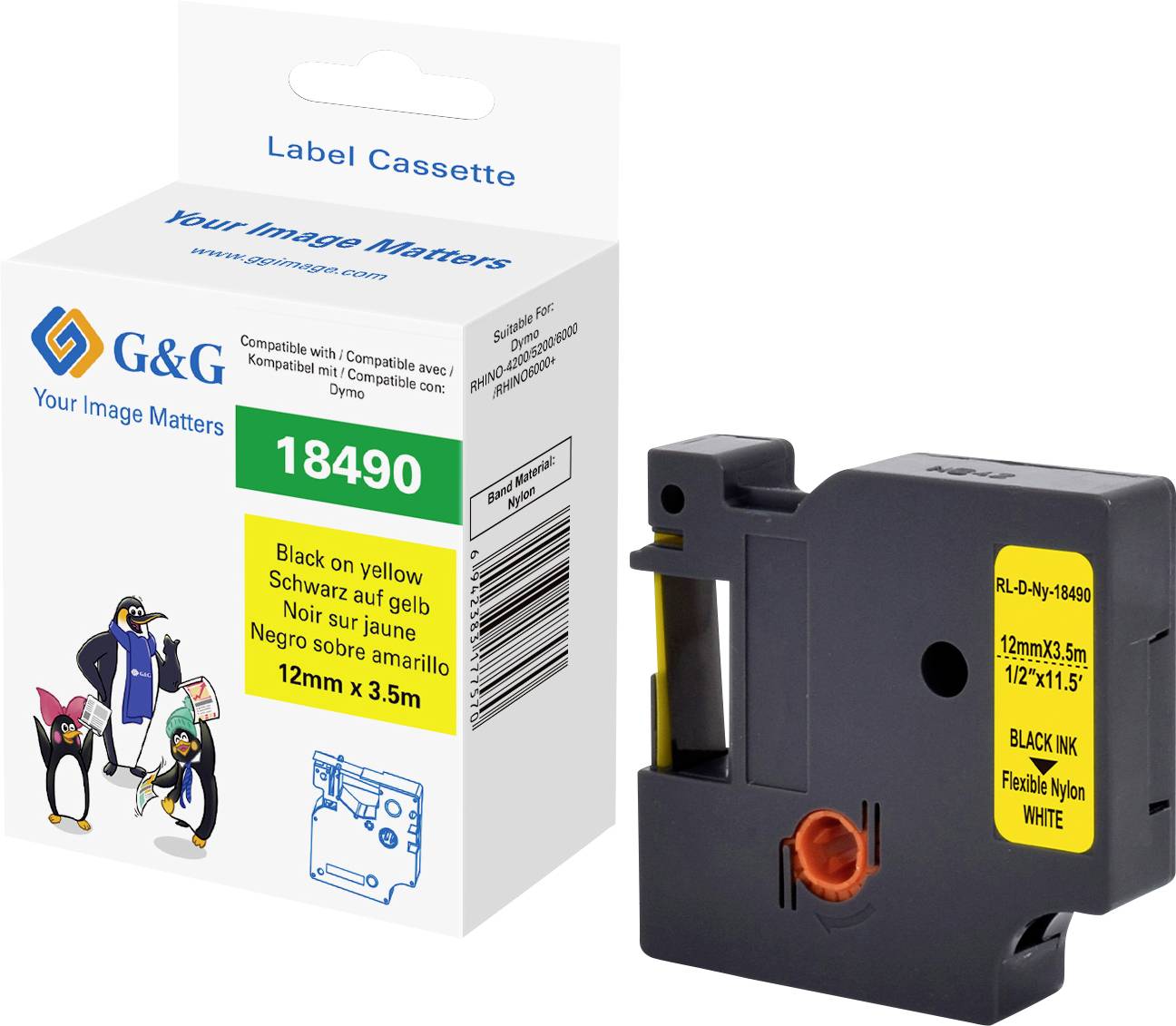 Cassette d'étiquettes de la marque G&G, modèle RL-DY-18490, avec texte noir sur fond jaune, taille 12 mm x 3,5 m. L'emballage présente une mascotte de pingouin.