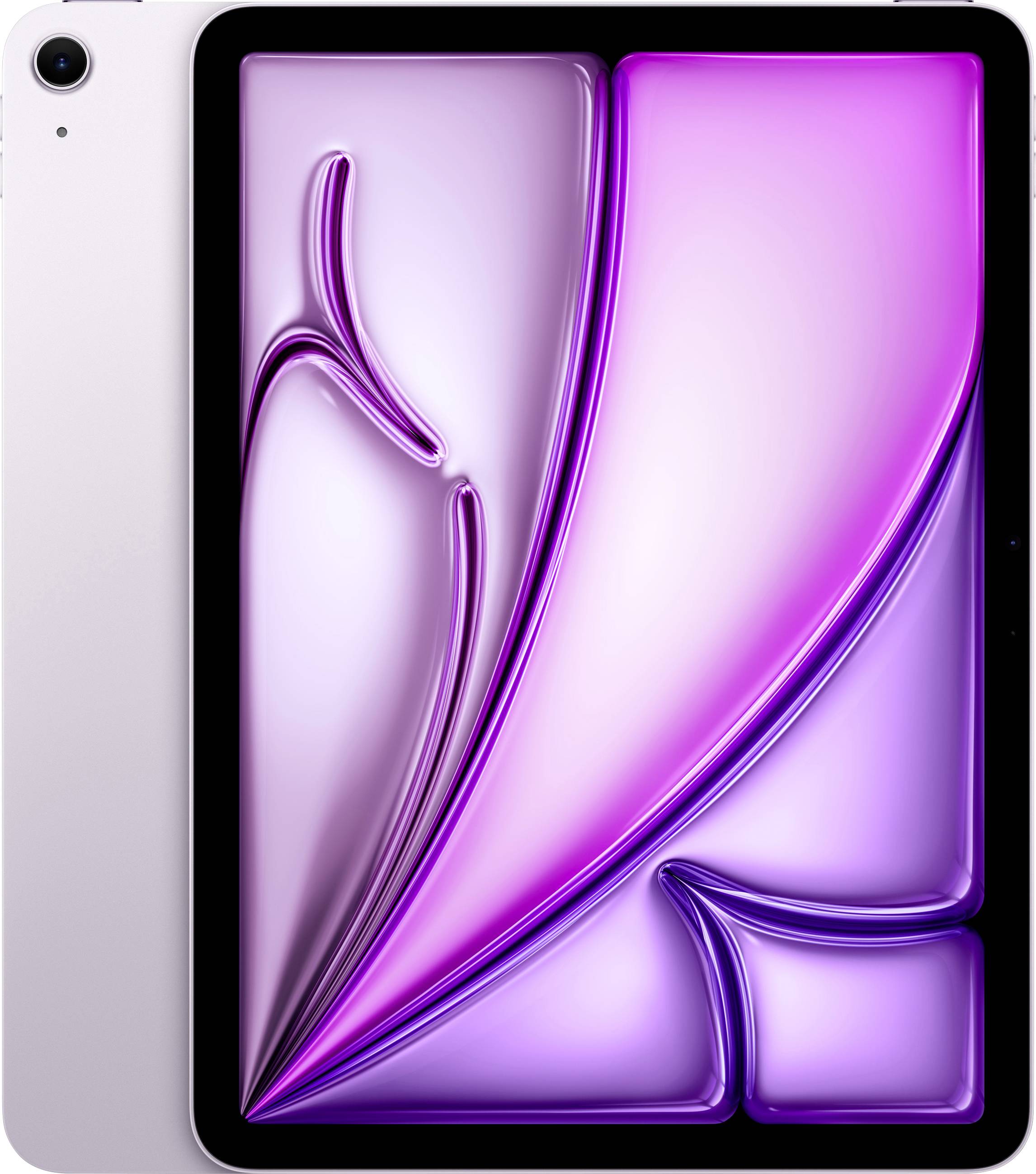 Une tablette affichant un fond d'écran abstrait de couleur lilas.