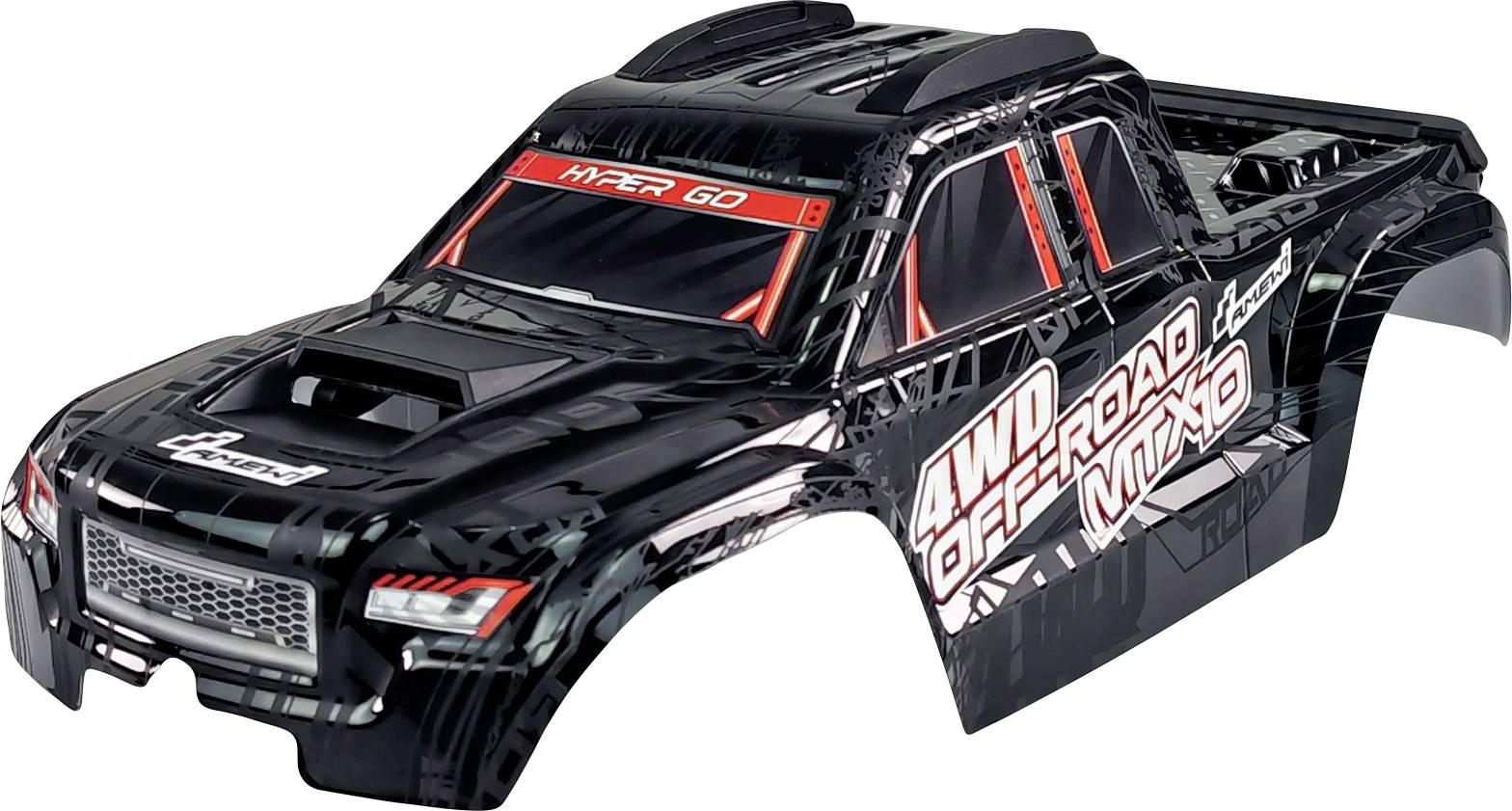 Carrosserie noire d'un camion tout-terrain télécommandé portant l'inscription '4WD OFFROAD MOTO'. Contient des accents rouges et blancs.
