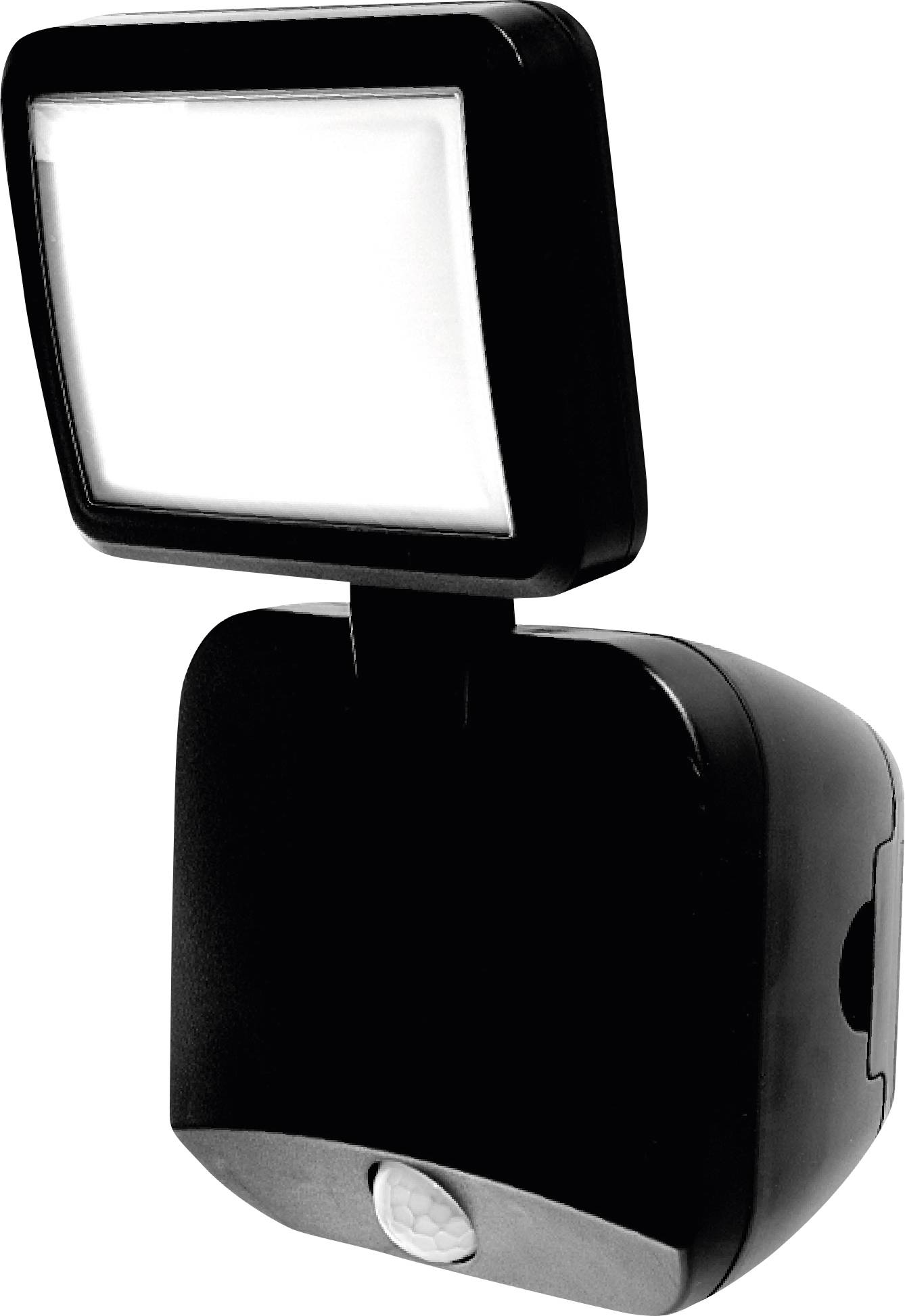 Un luminaire extérieur carré noir à LED avec détecteur de mouvement en bas, adapté à la fixation murale extérieure pour l'éclairage.