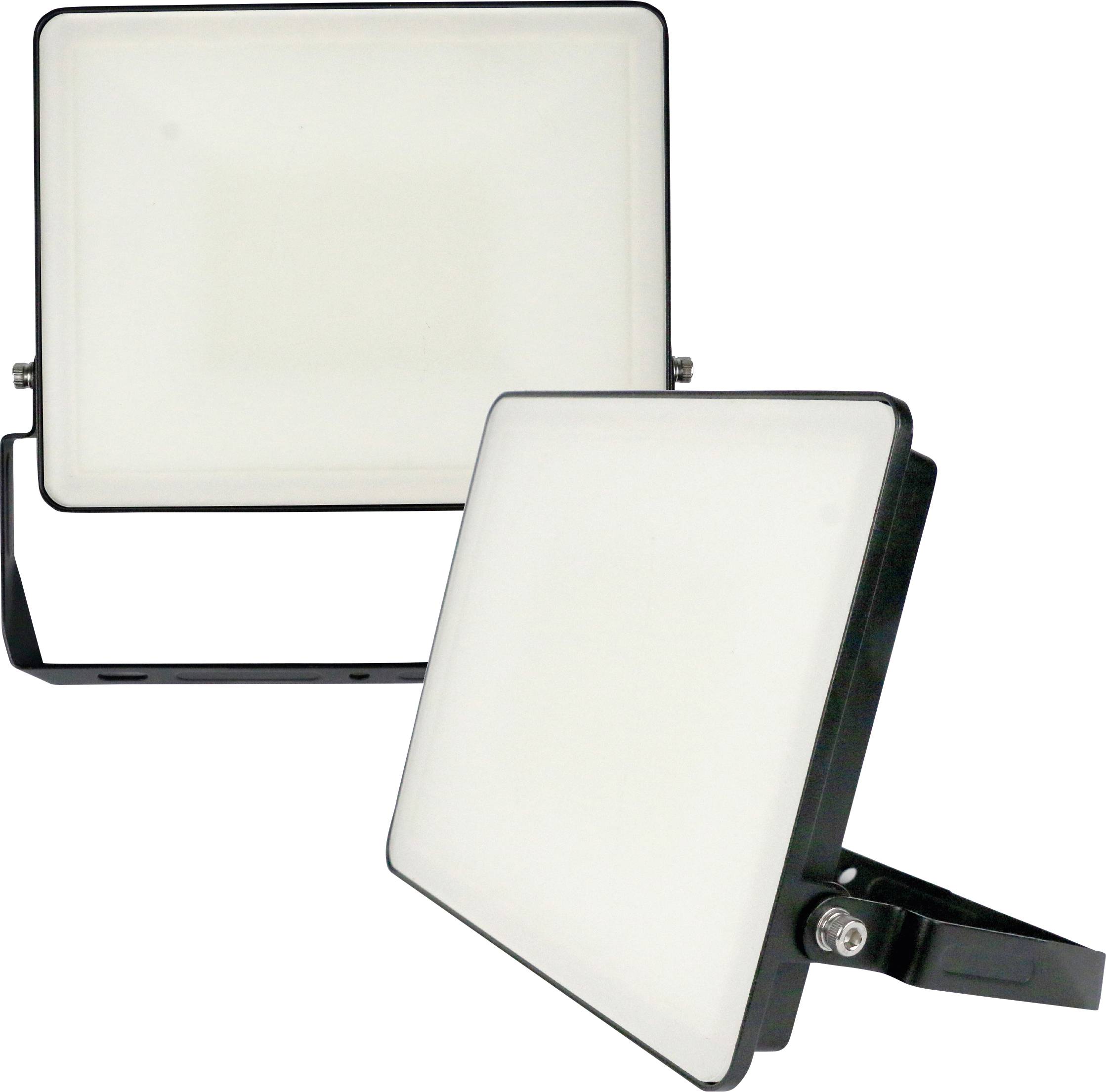Deux projecteurs LED rectangulaires, tous deux dans un boîtier noir, l'un debout, l'autre légèrement incliné en arrière-plan.
