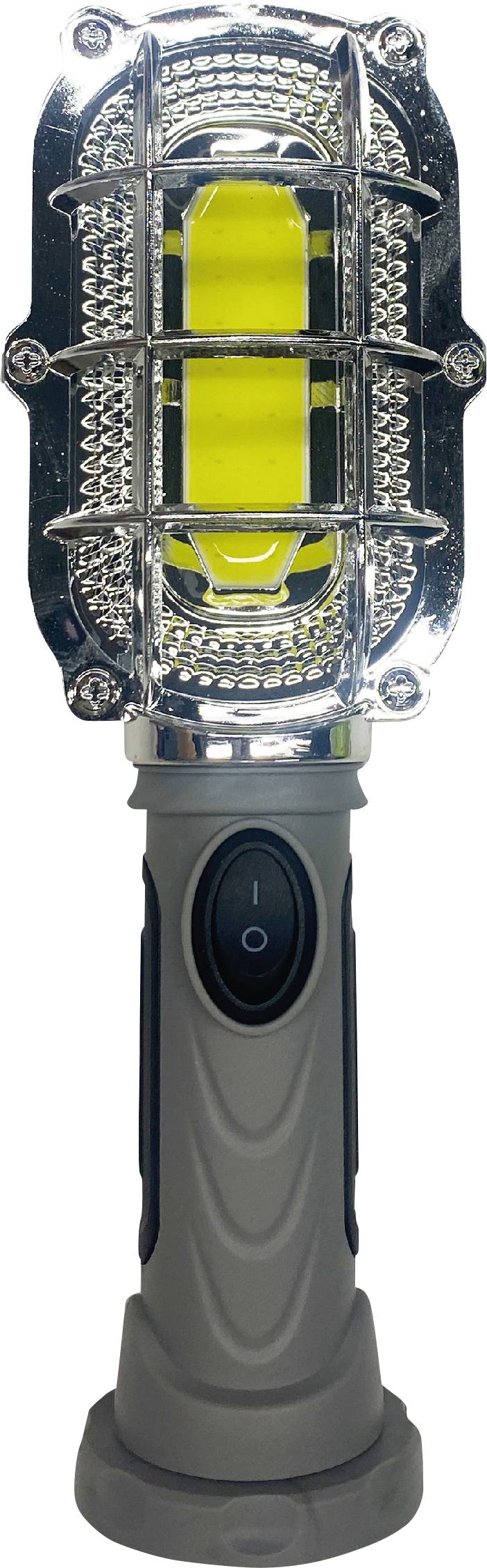 Lampe de travail portable avec poignée grise et cage métallique autour de la surface lumineuse. Dispose d'un interrupteur marche/arrêt en surface. Adaptée pour une utilisation en atelier.