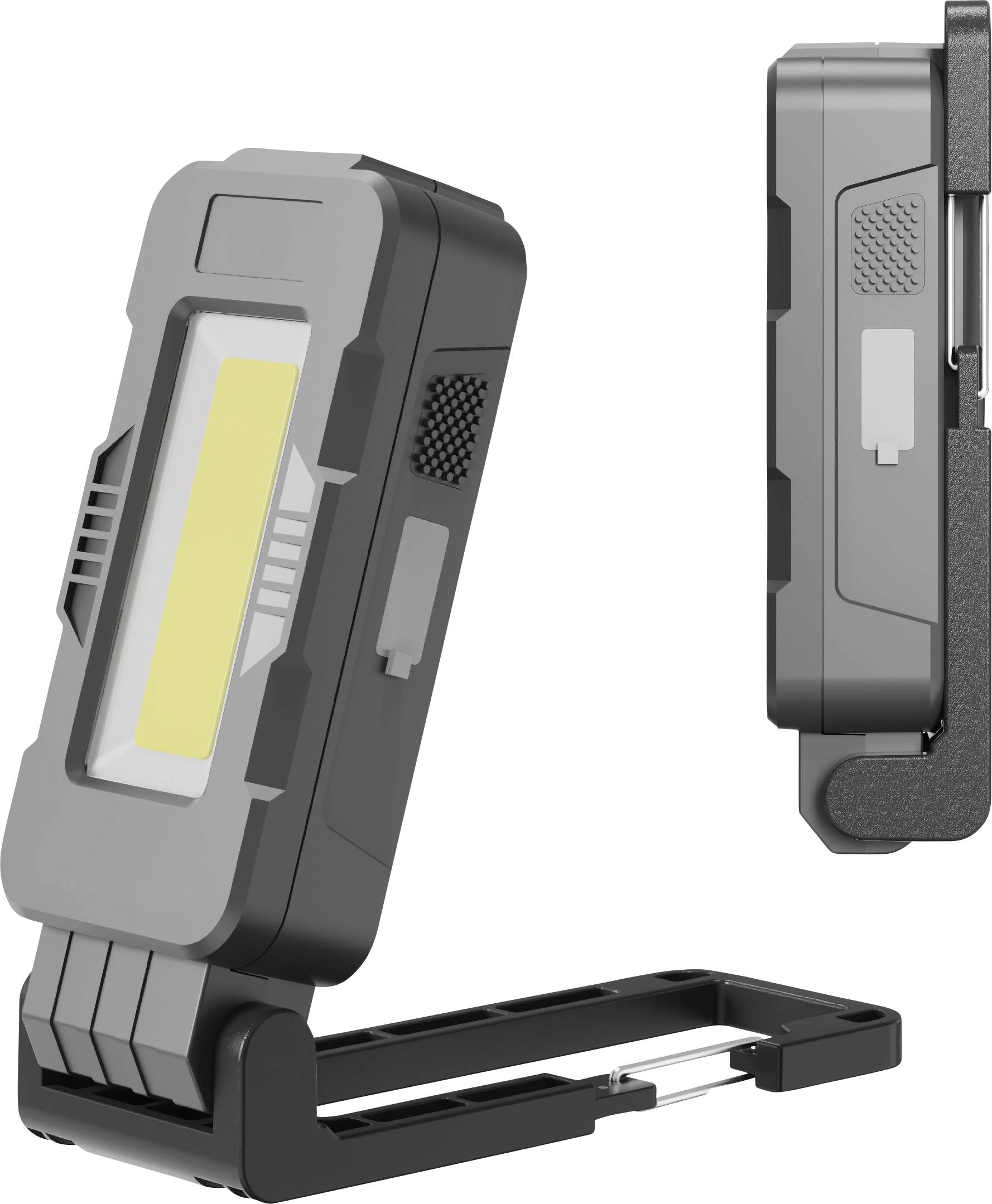 Une lampe de travail LED portable rectangulaire en noir et gris, avec support pliable, ventilation latérale et design compact.