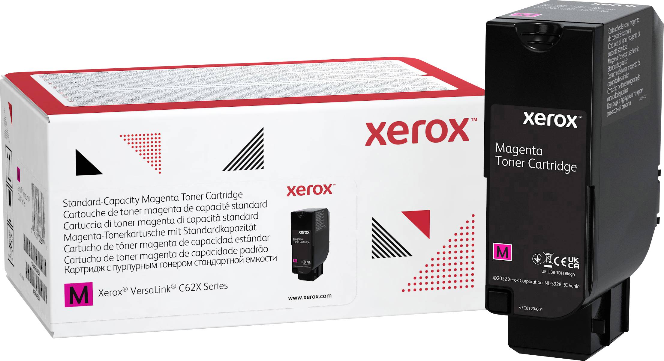 'Cartouche de toner magenta Xerox', Capacité standard, pour série VersaLink C62X. Emballage et cartouche visibles.