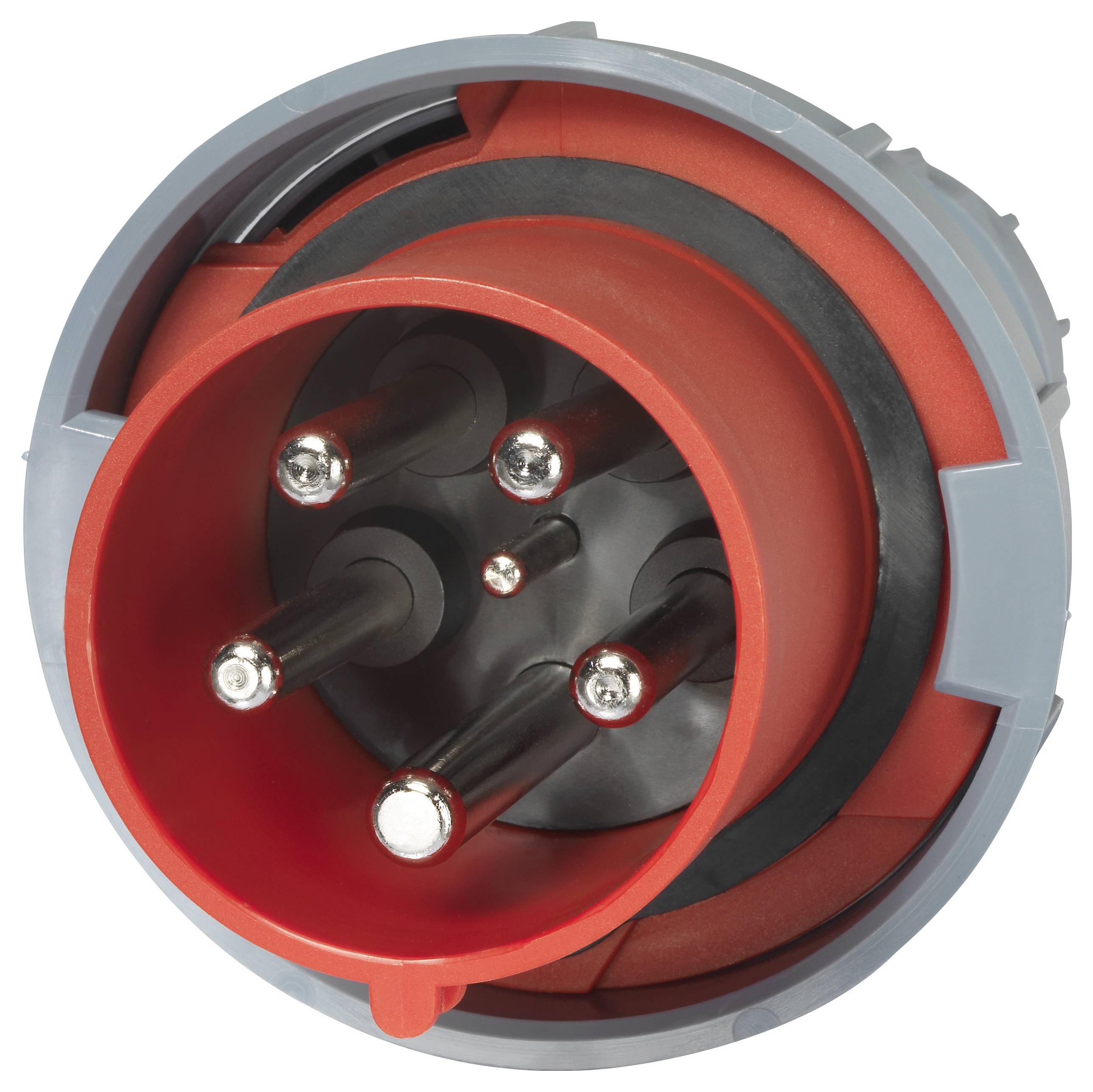Connecteur triphasé industriel à cinq broches avec boîtier gris ; utilisé pour les connexions haute tension.