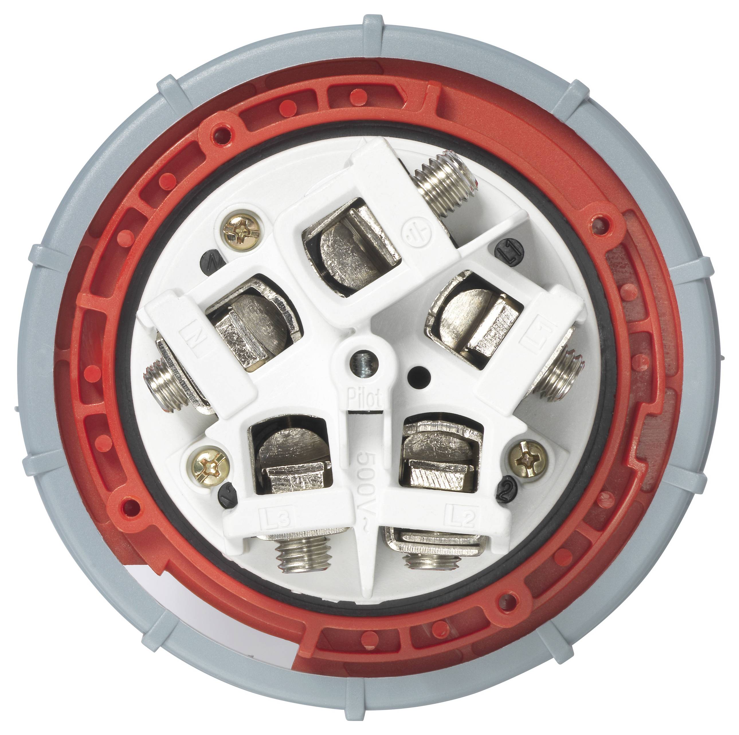 Prise électrique industrielle en gros plan avec boîtier rouge et gris et quatre connexions métalliques blanches pour la transmission de courant.