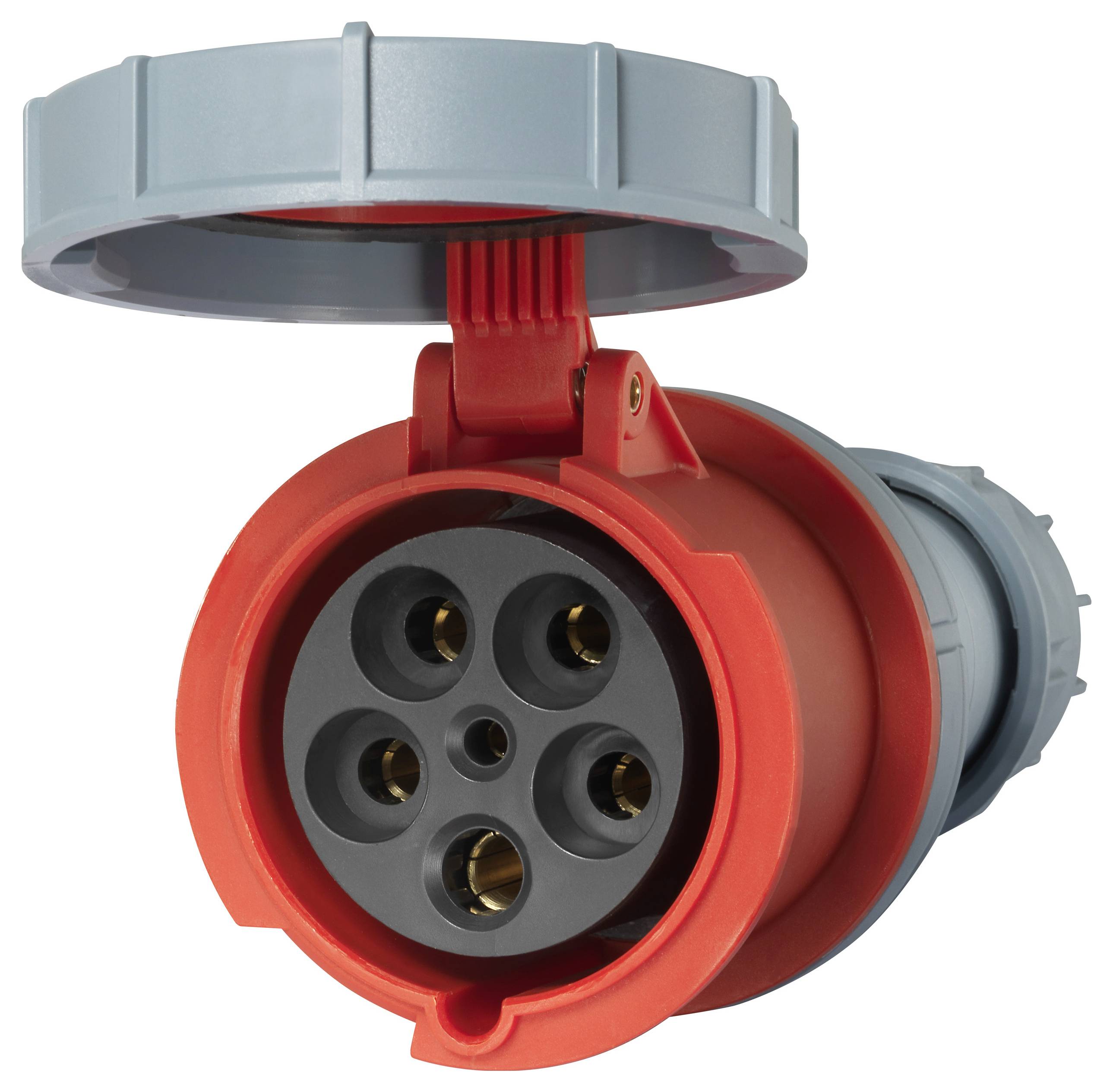 Connecteur industriel rouge à cinq pôles avec capuchon de protection gris-bleu, ouvert, montrant les contacts.