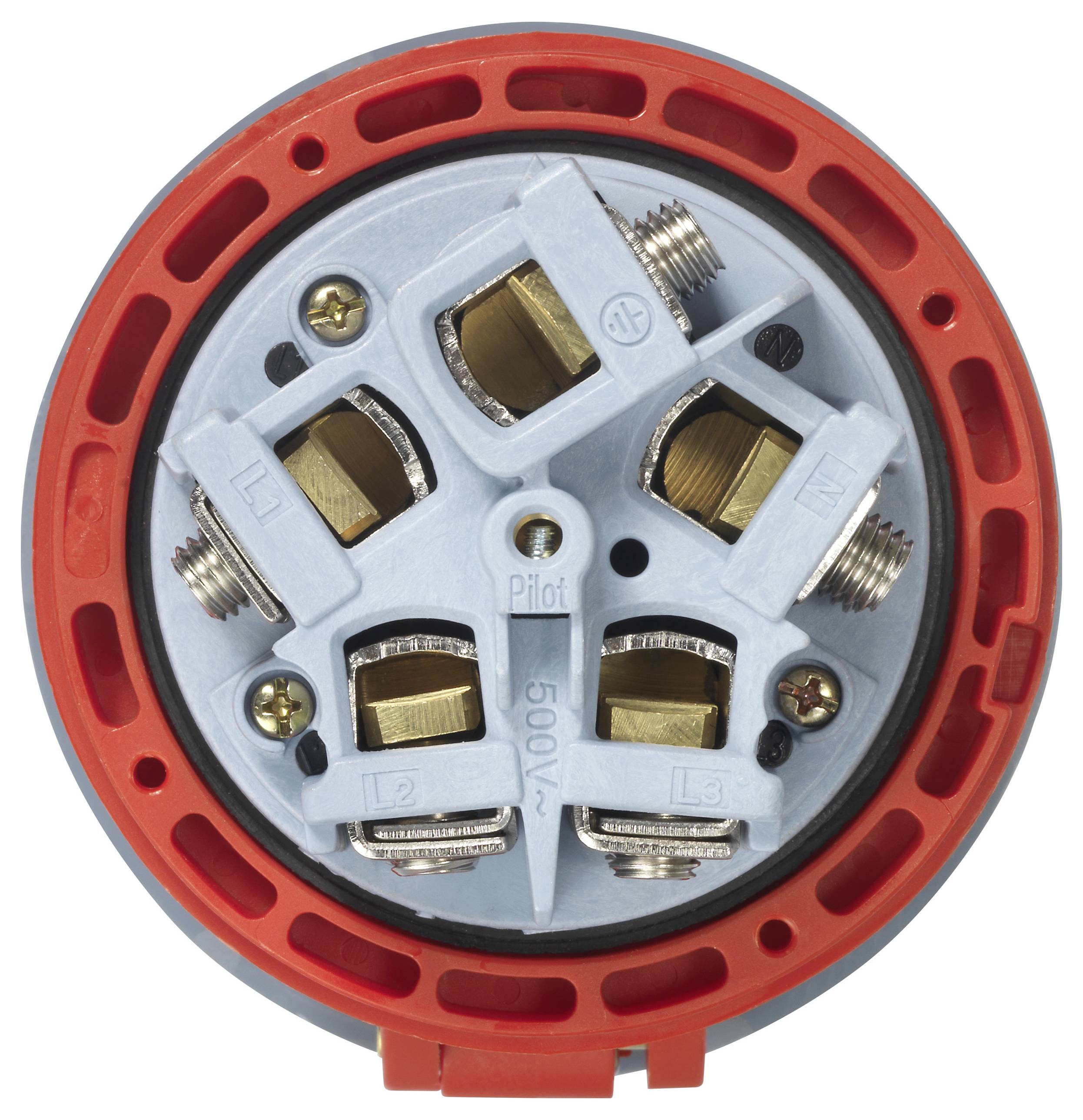 Gros plan d'un connecteur électrique à plusieurs bornes, avec un bord extérieur rouge et une structure interne bleue.
