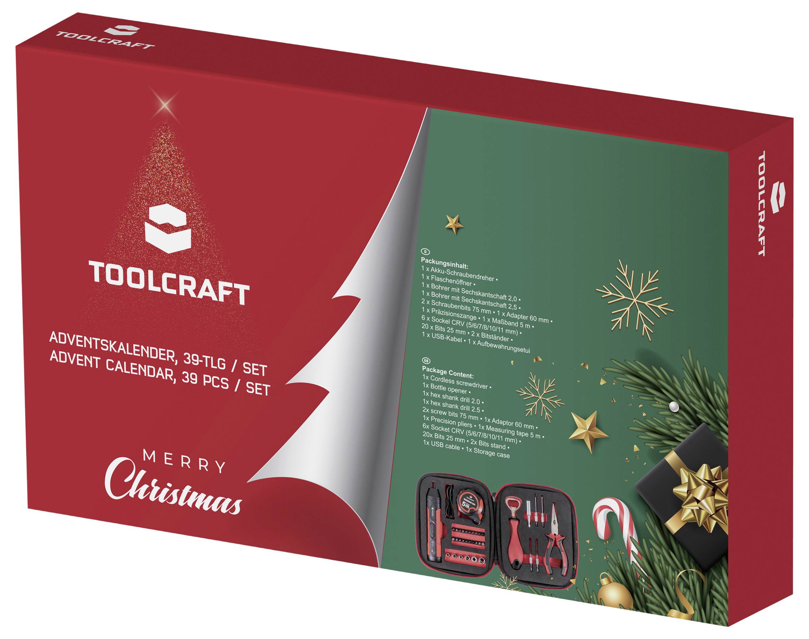 Calendrier de l'Avent Toolcraft, ensemble de 39 pièces, avec boîte à outils. Design sur le thème de Noël avec des flocons de neige et des ornements.