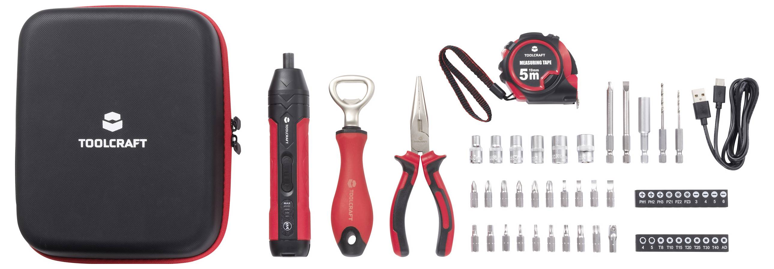 Kit d'outils 'Toolcraft' avec un étui noir et rouge, tournevis multifonction, décapsuleur, pinces, mètre ruban de 5m, câble USB, douilles et embouts.