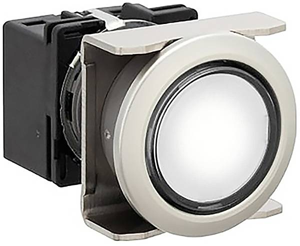 Un bouton-poussoir métallique avec un bouton rond et lumineux. Il est intégré dans un boîtier noir, adapté aux panneaux de commande.