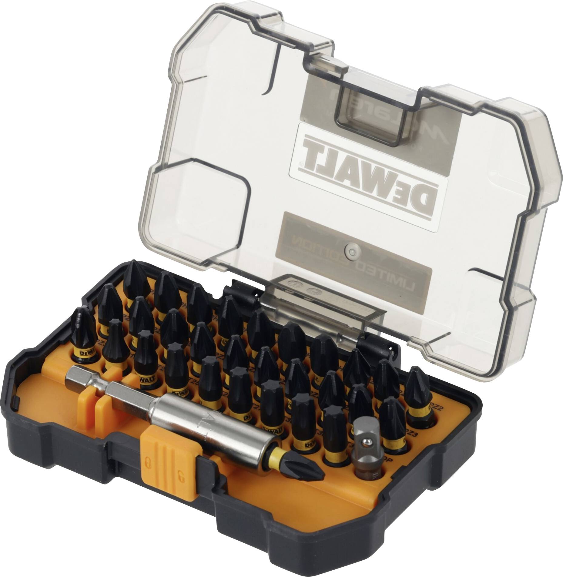 Ensemble d'embouts de tournevis DeWALT avec 32 embouts et support magnétique, dans un boîtier en plastique transparent ouvert, reposant sur une base noire et orange.