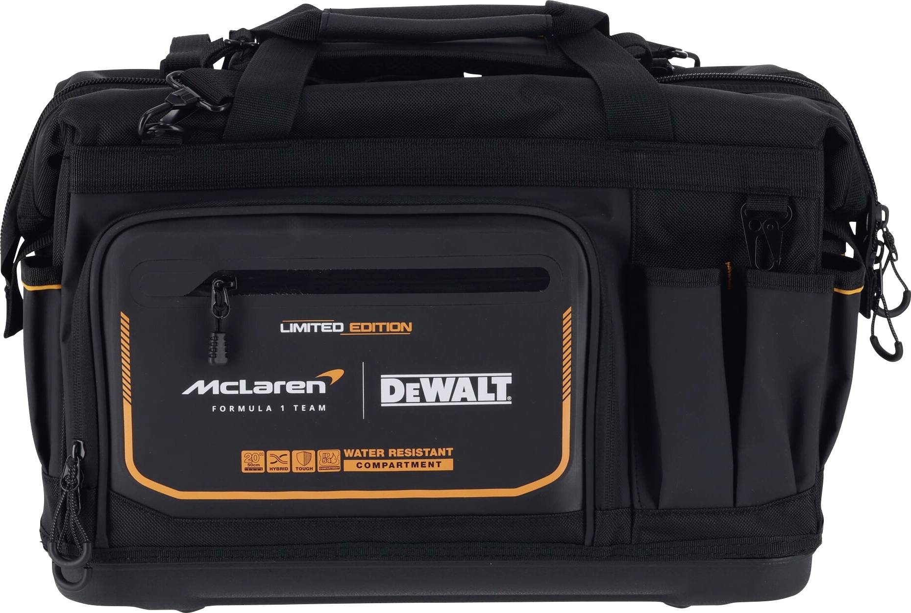 Sac à outils noir et orange portant les impressions 'McLaren Formula Team' et 'DEWALT', doté d'un compartiment résistant à l'eau.