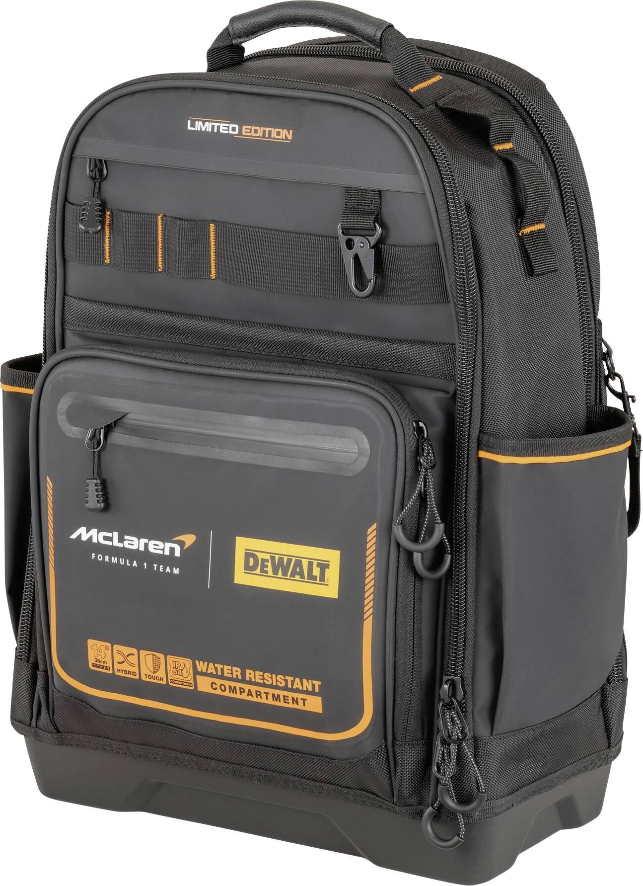 Sac à dos noir avec des accents orange, portant les inscriptions 'McLaren Formula 1 Team' et 'DeWalt', édition limitée, compartiment imperméable.