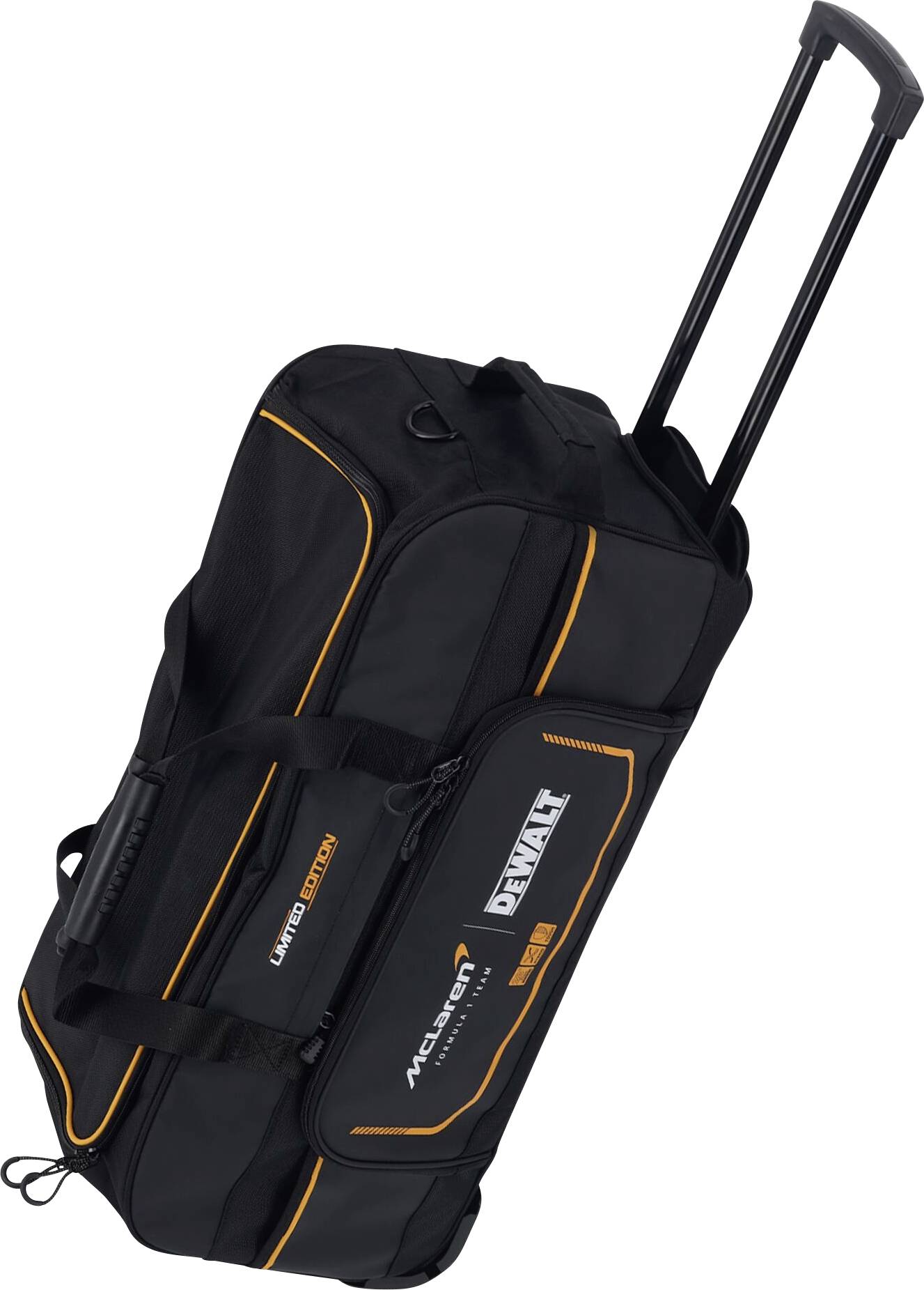 Sac de voyage noir avec des accents orange, poignée télescopique et roulettes ; marqué 'Limited Edition' et logos de marque.