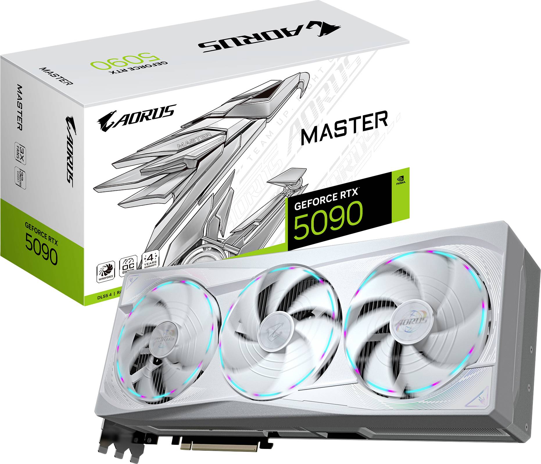 Un emballage et une carte graphique 'Aorus GeForce RTX 5090 Master' avec trois ventilateurs, un design futuriste et un lettrage vert.