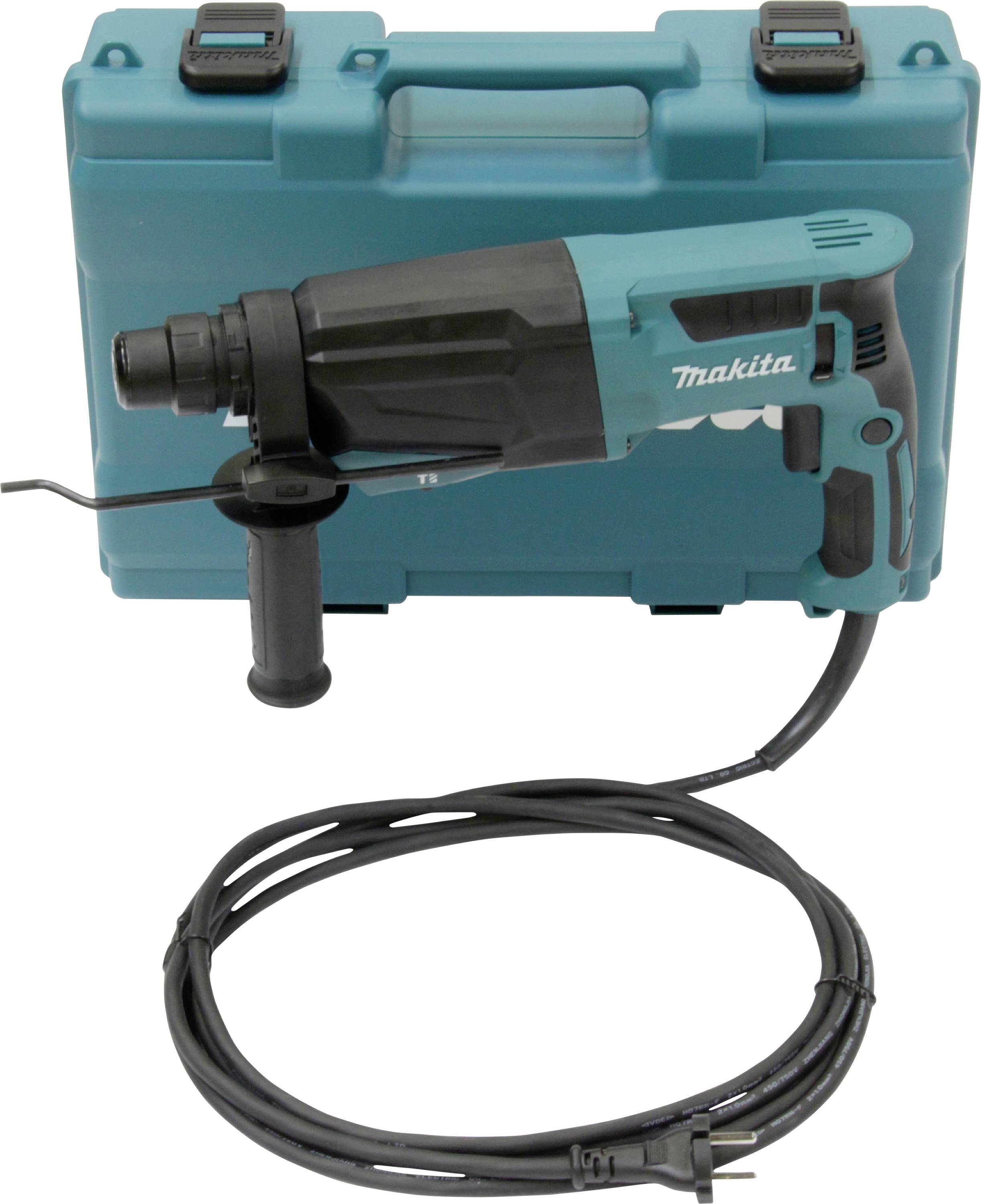 Un marteau-perforateur électrique à boîtier vert et noir est posé devant un coffret en plastique assorti. Un câble avec une fiche est visible.