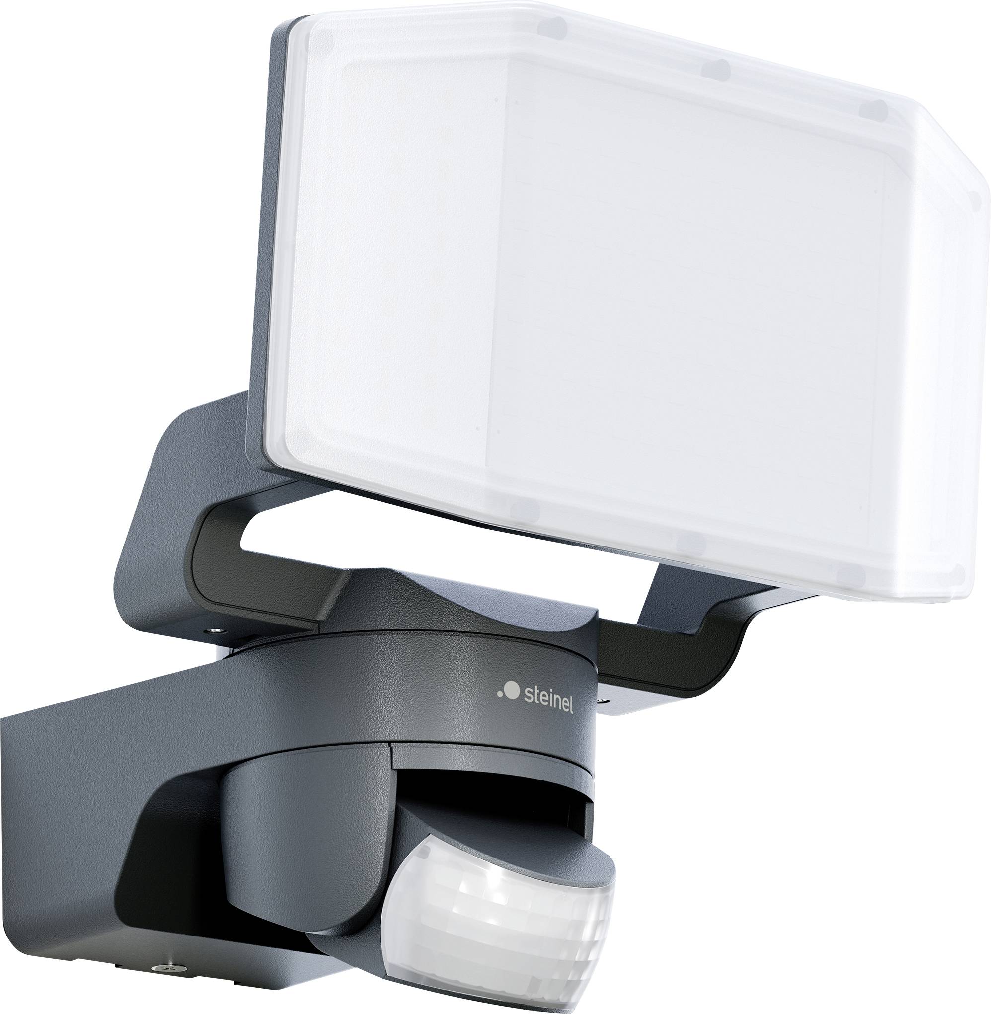 Projecteur extérieur avec détecteur de mouvement dans un boîtier sombre. Abat-jour rectangulaire avec un grand rayon lumineux. Nom de marque sur le boîtier.