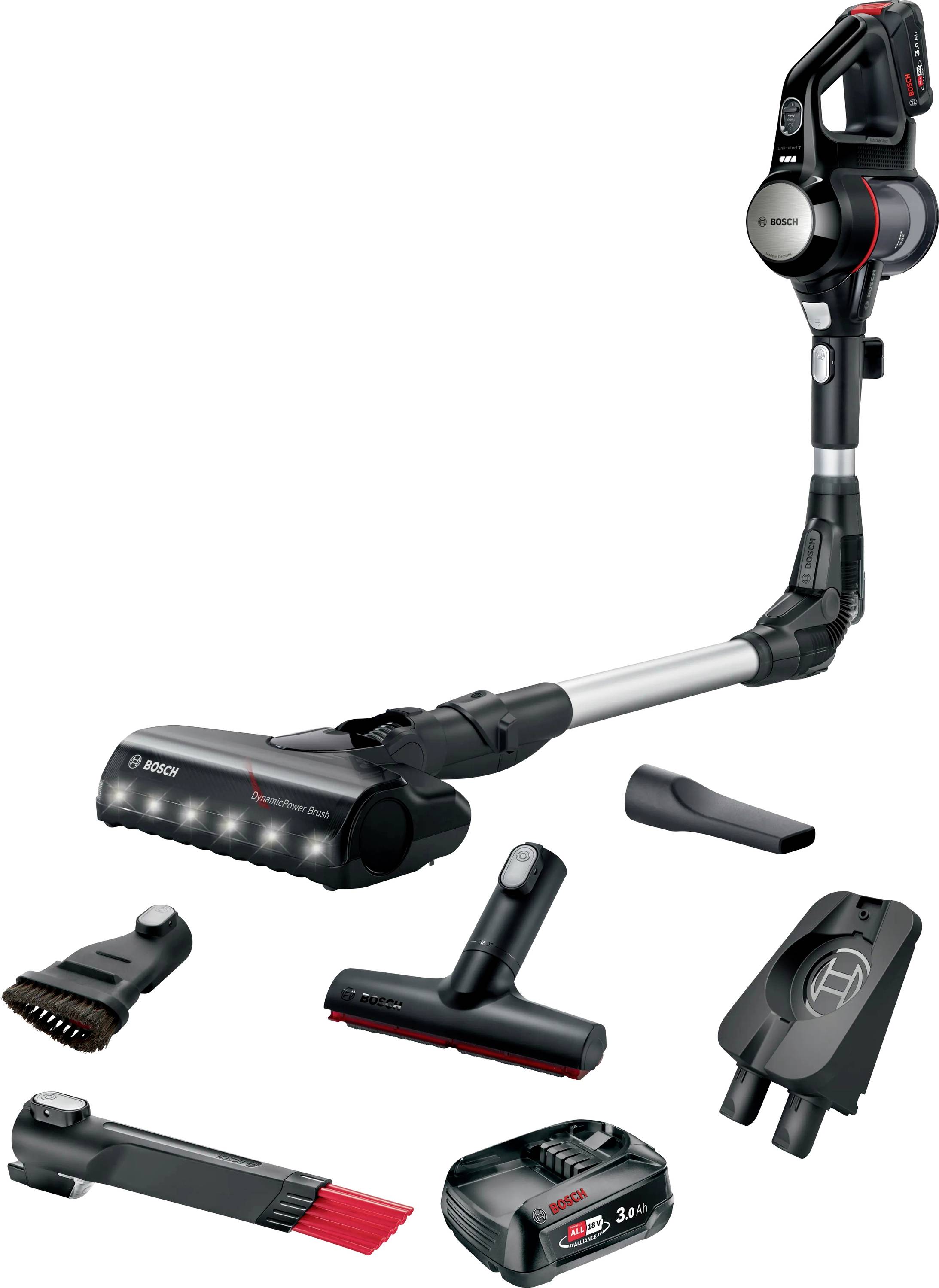 Aspirateur sans fil avec accessoires, incluant des embouts de brossage et une batterie. Adapté à divers travaux de nettoyage domestique.