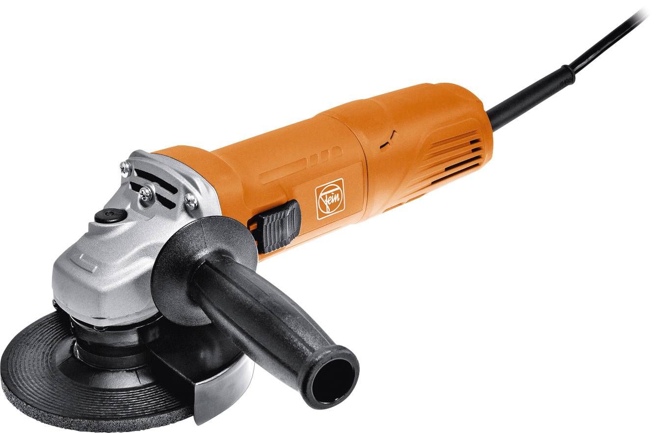 Une meuleuse d'angle orange avec une poignée noire et un câble électrique, prête à être utilisée pour des travaux de construction ou de rénovation.