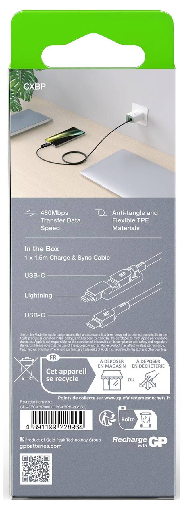 GP Câble USB USB-C®, Connecteur Lightning 1.50 m noir GPCBCXBPBKUSB964