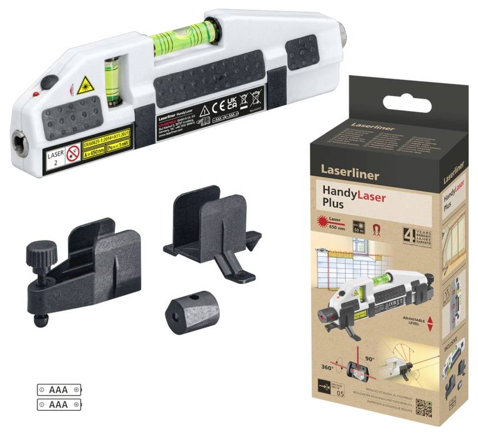 'Laserliner HandyLaser Plus' : Un ensemble de niveau laser avec supports et emballage. Adapté pour l'alignement et les mesures précis. Piles incluses.