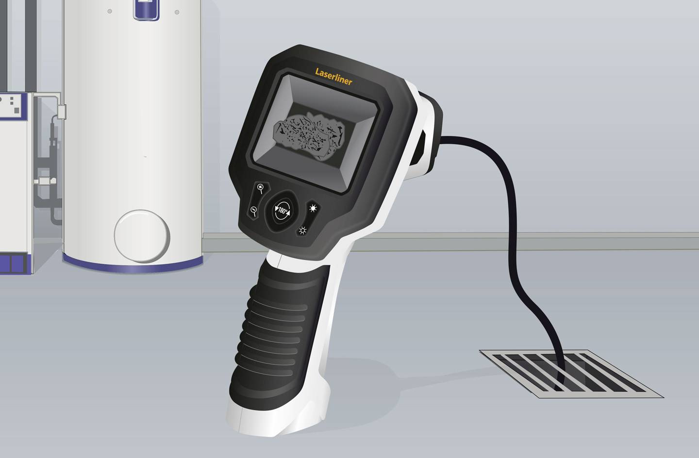 Un instrument endoscopique portable affiche une image sur un écran. Il est utilisé pour l'inspection d'un tuyau de drainage.