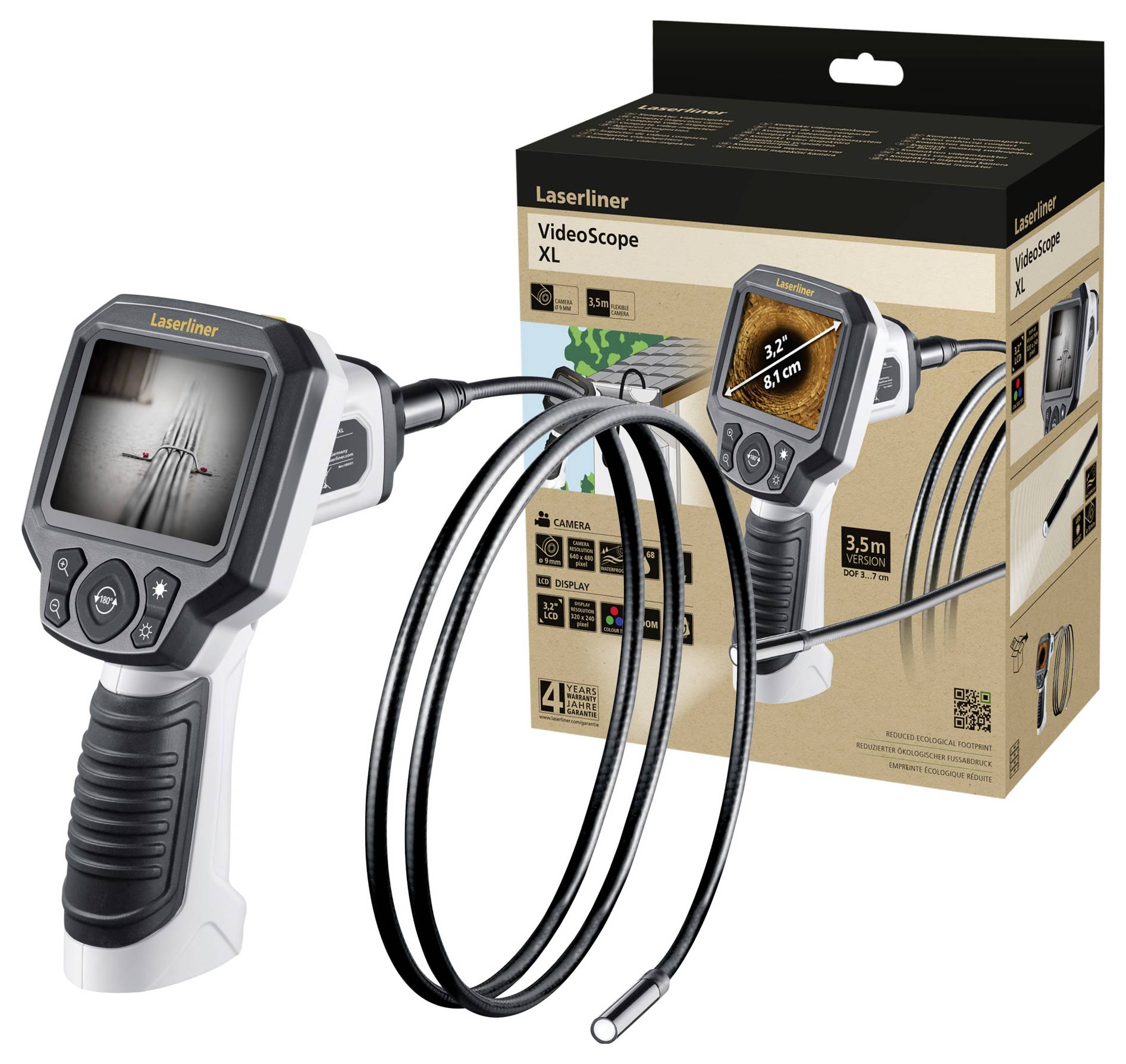 Le 'Laserliner VideoScope XL' présente une image d'un endoscope avec écran, câble flexible, illustré avec son emballage. Longueur de câble de 3,5 m.