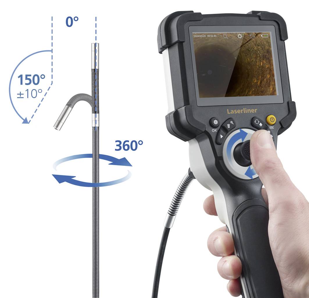 Une main tient un endoscope avec une caméra rotative et un écran. À gauche, représentation de l'inclinaison flexible de la caméra de 0 à 150 degrés et rotation à 360 degrés.