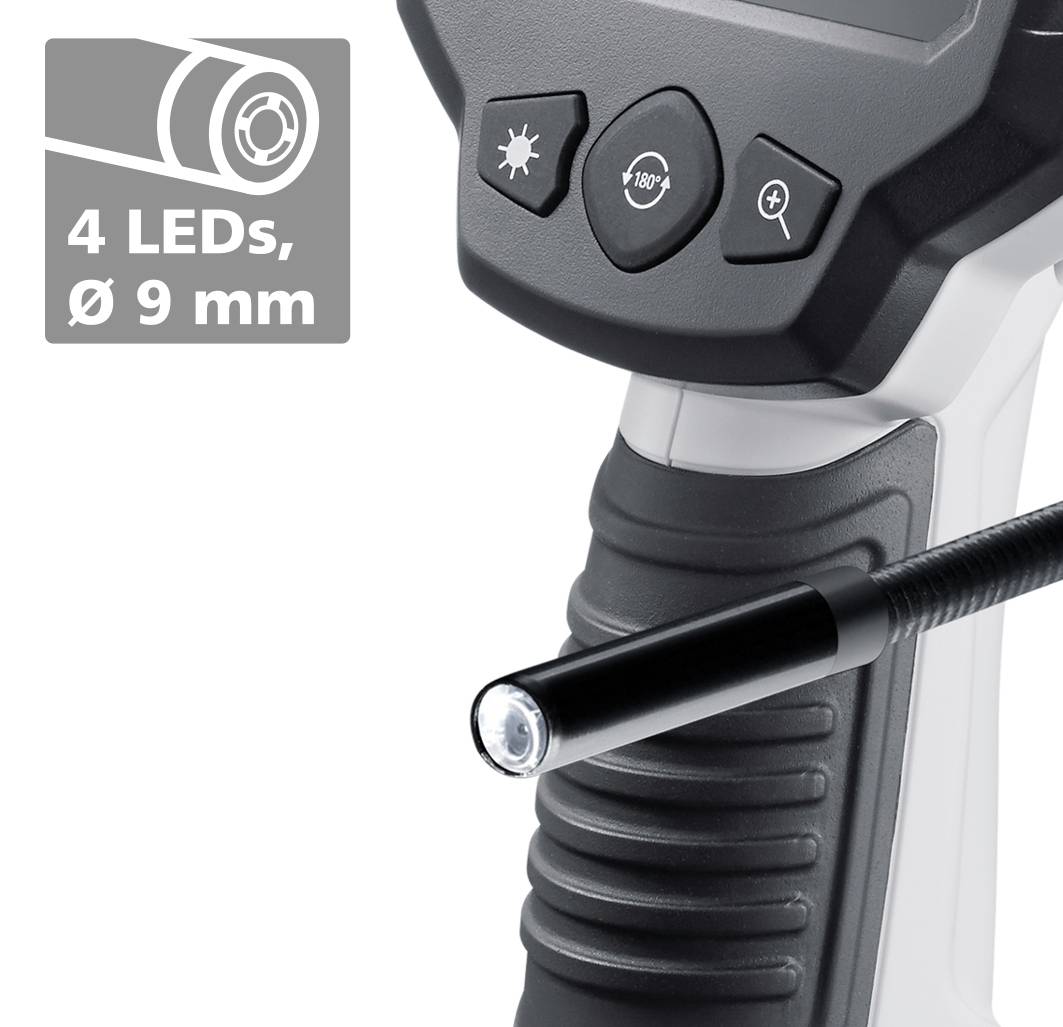 Une caméra d'inspection avec un câble flexible et un embout à LED, adaptée aux endroits difficiles d'accès. Texte : '4 LEDs, Ø 9 mm'.