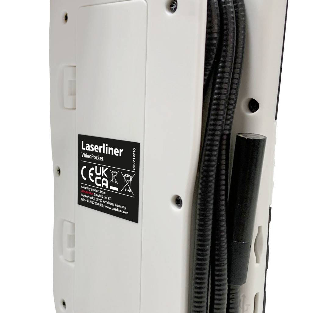 Vue arrière d'un appareil portant l'inscription 'Laserliner VideoPocket'. Des câbles sont fixés sur le côté.