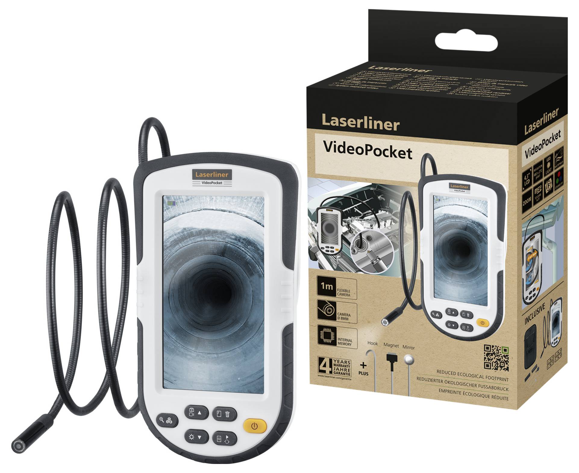Un endoscope portable avec écran et câble flexible, emballé dans une boîte en carton. Marqué 'Laserliner VideoPocket'.