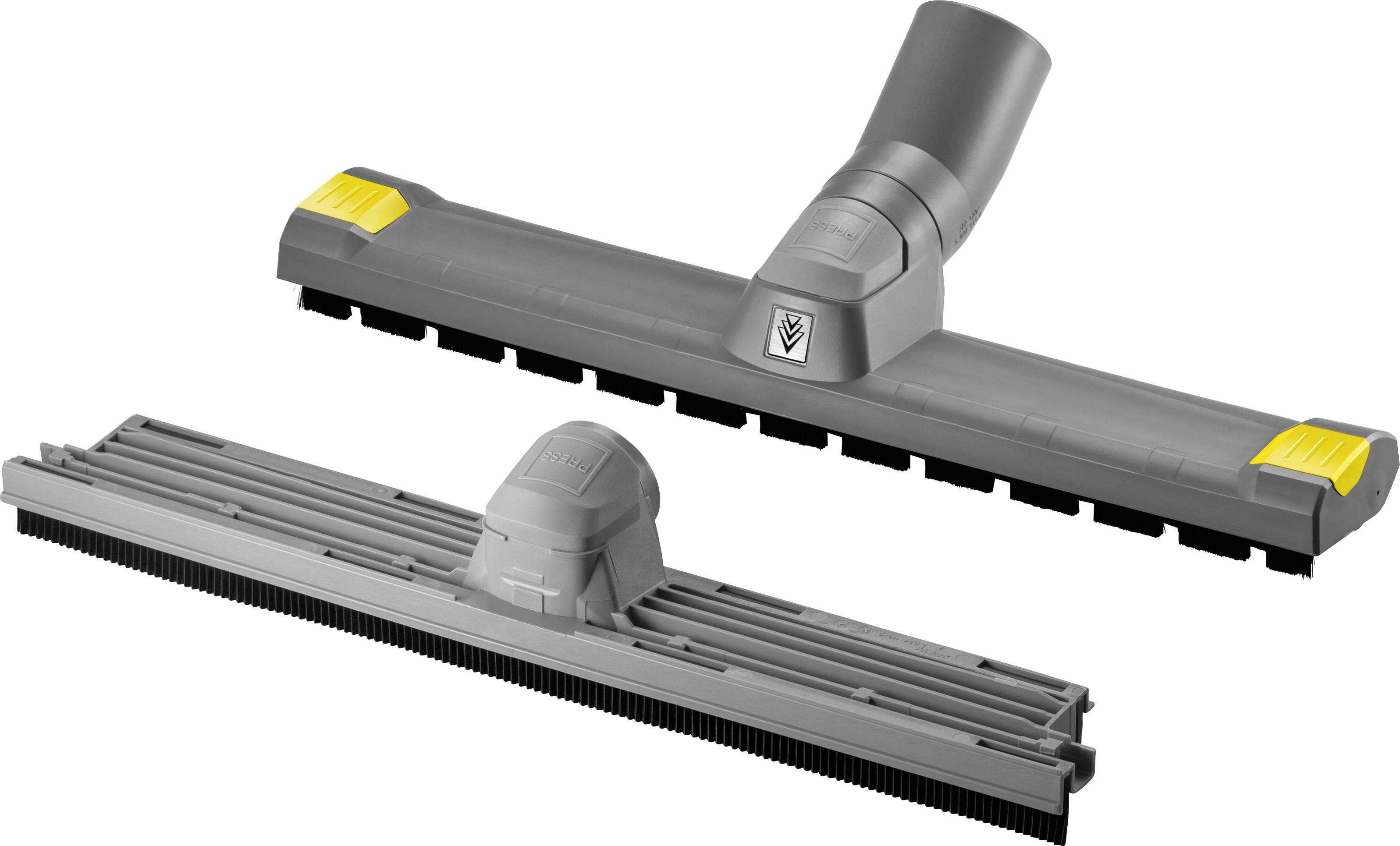 Buse d'aspiration avec embout de brosse amovible, adaptée aux sols lisses. Elle est grise avec des touches jaunes.