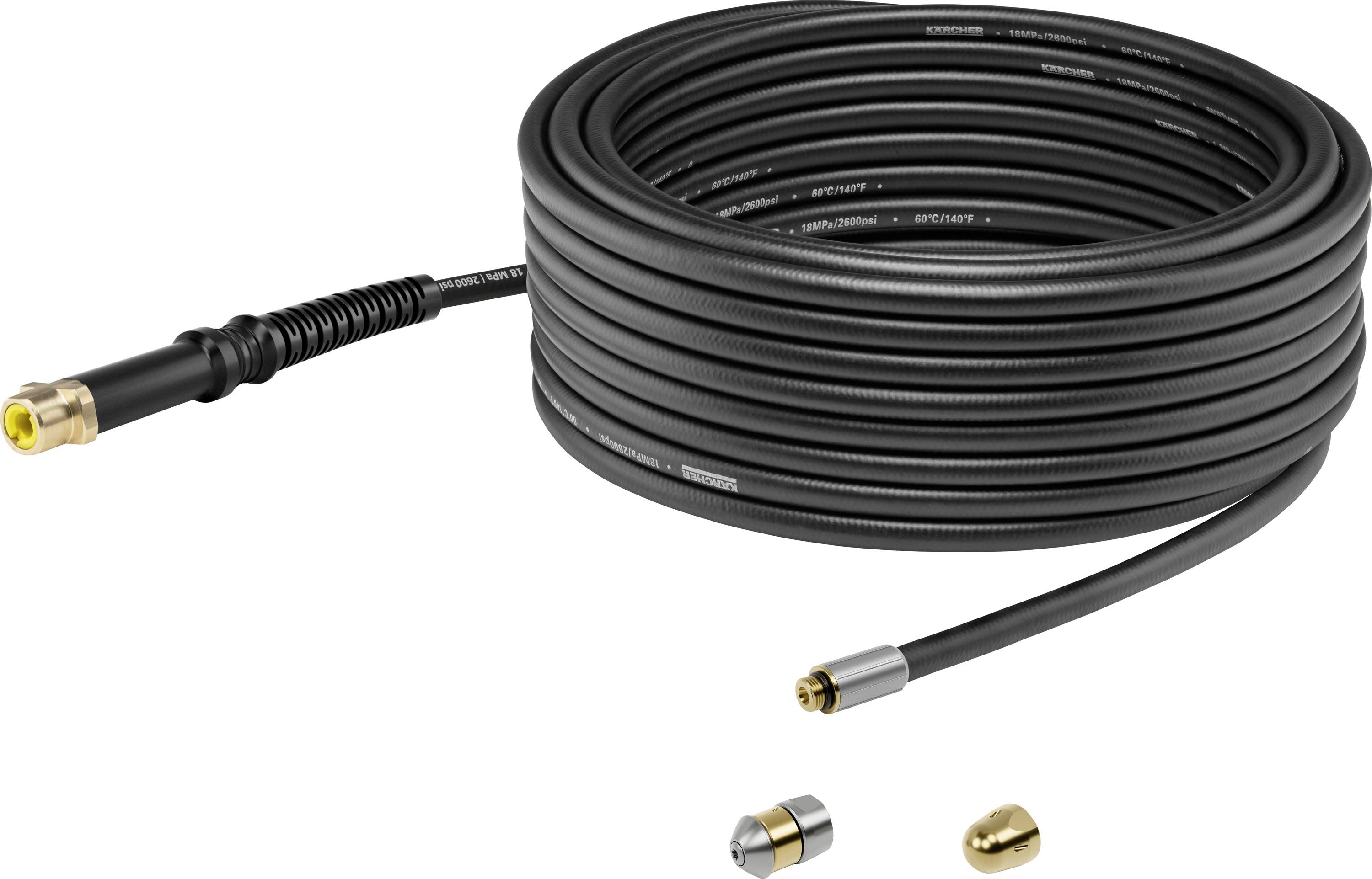 Un long tuyau noir avec des buses et des raccords, probablement destiné à l'utilisation d'air comprimé ou d'eau. Les pièces métalliques sont de couleur or et argent.