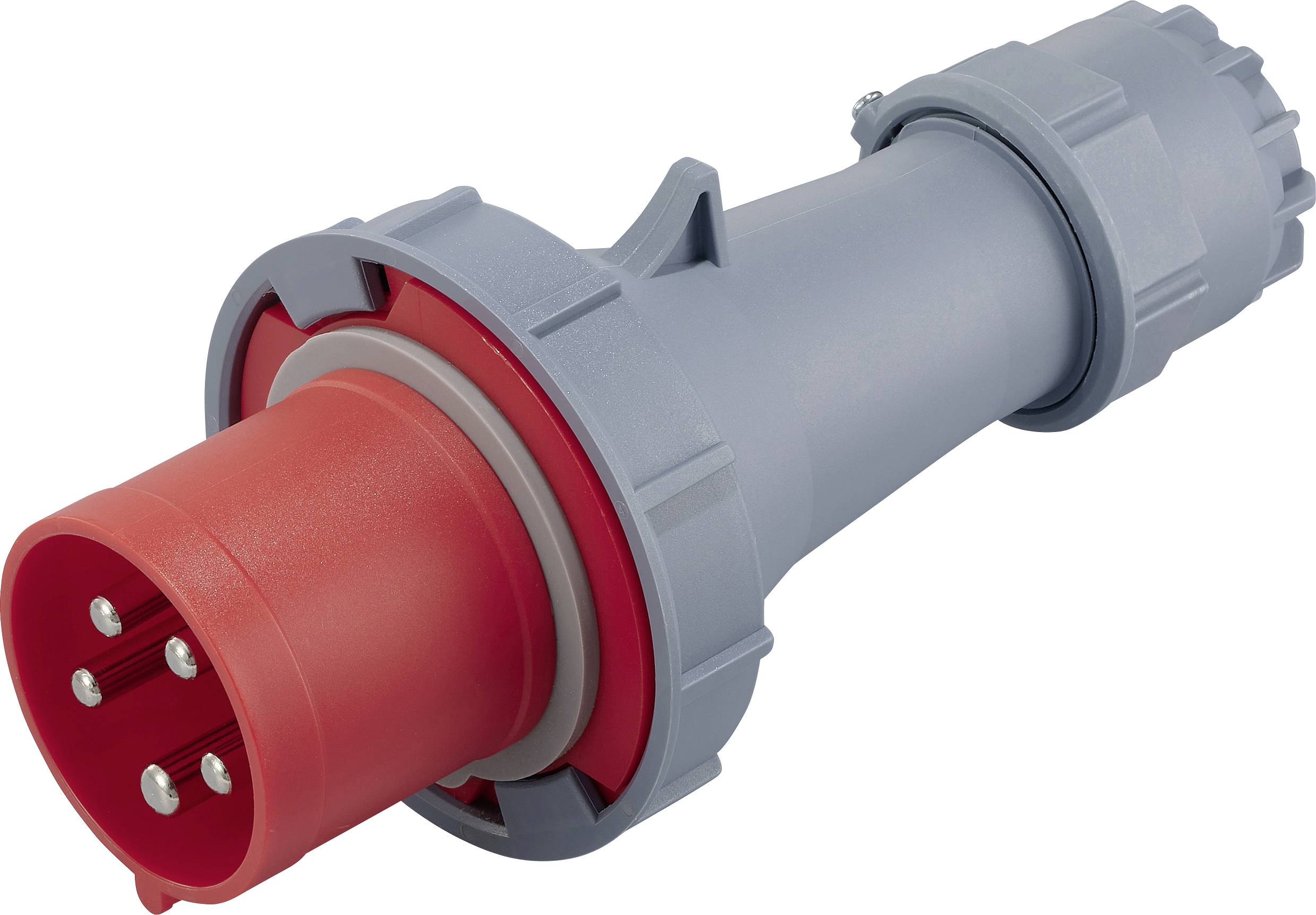 Une fiche industrielle rouge avec un boîtier gris, adaptée aux applications à haute tension. Équipée de plusieurs contacts métalliques.