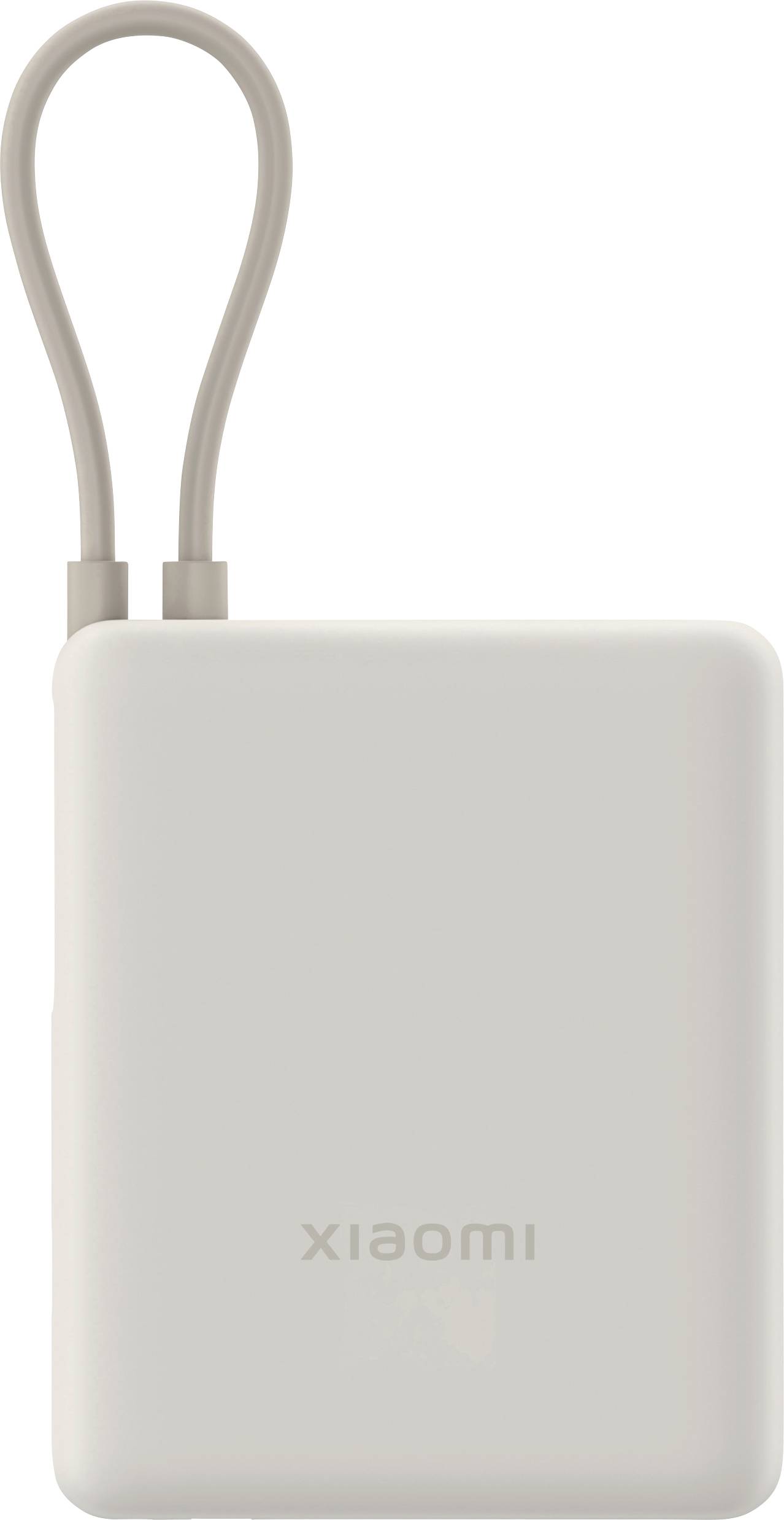 Un powerbank rectangulaire blanc de Xiaomi avec une sangle de transport flexible en haut.
