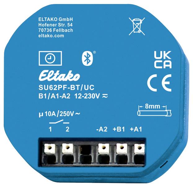Module de commutation radio bleu avec marquage CE et UKCA. Modèle : Eltako SU62PF-BT/UC. Détails techniques : B1/A1-A2, 12-230V, Courant 10A/250V.