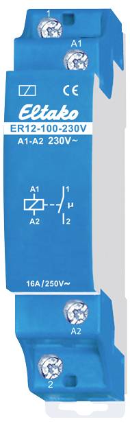 Relais Eltako bleu ER12-100-230V avec symbole de commutation. Tension : 230V. Intensité de courant : 16A/250V. Bornes A1 et A2 en haut et en bas.