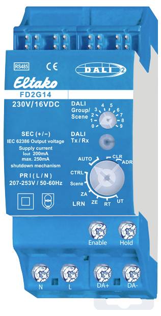 Boîtier de commande électronique 'Eltako FDG14', 230V/16VDC, avec interface DALI, montrant les éléments de commande et les connexions pour la commande d'éclairage.