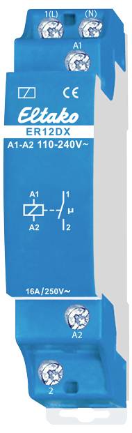 Un relais unipolaire Eltako, modèle ER12DX, de couleur bleue, avec des connexions en haut et en bas. Tension : 110-240V, Courant : 16A/250V.