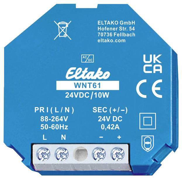Transformateur électronique bleu 'Eltako WNT61', entrée 88-264V, sortie 24V DC, 10W. Connexions et marquage CE visibles.