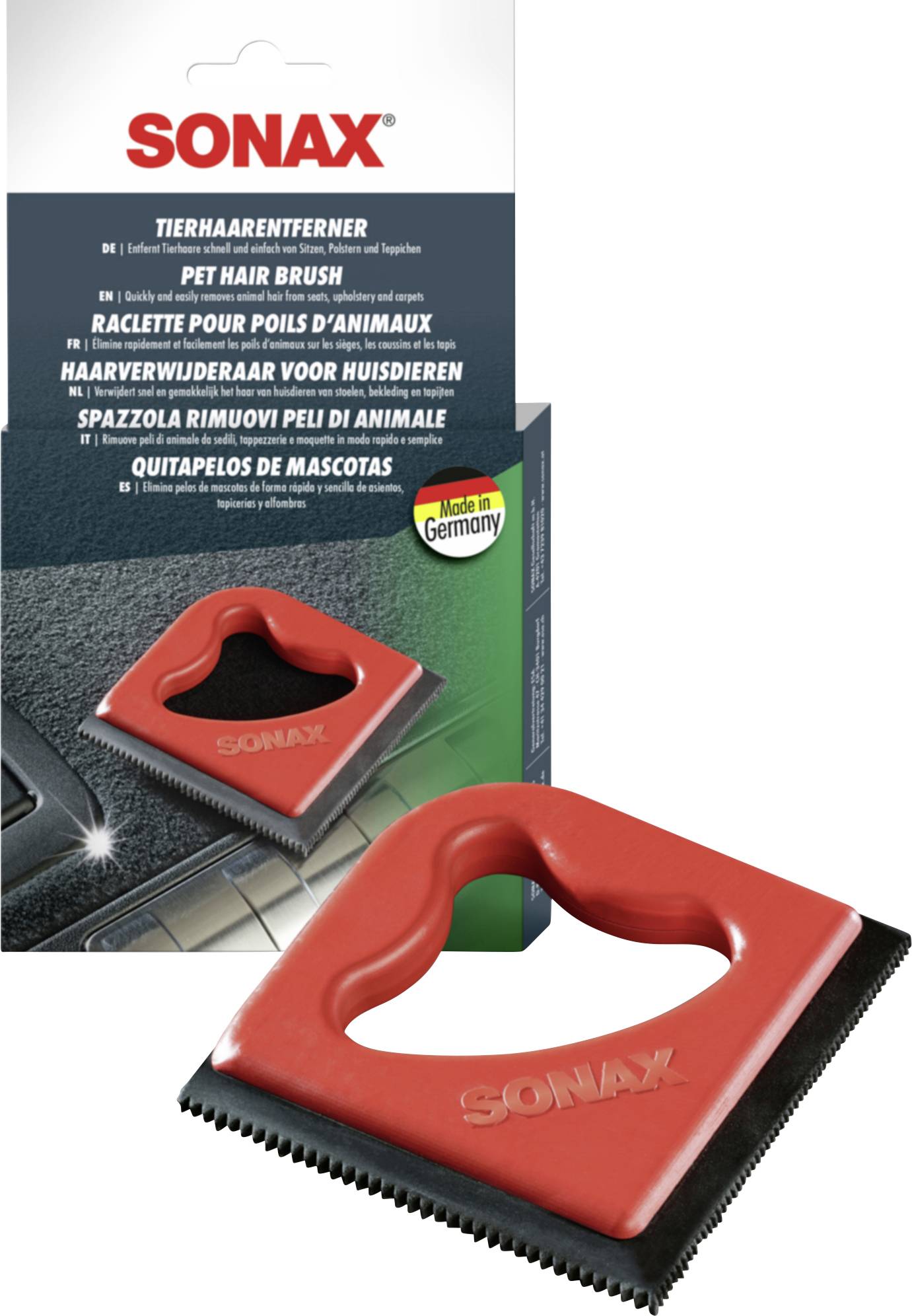 Emballage 'SONAX Tierhaarentferner' avec un outil de décollement rouge, adapté pour enlever les poils d'animaux des textiles. Fabriqué en Allemagne.