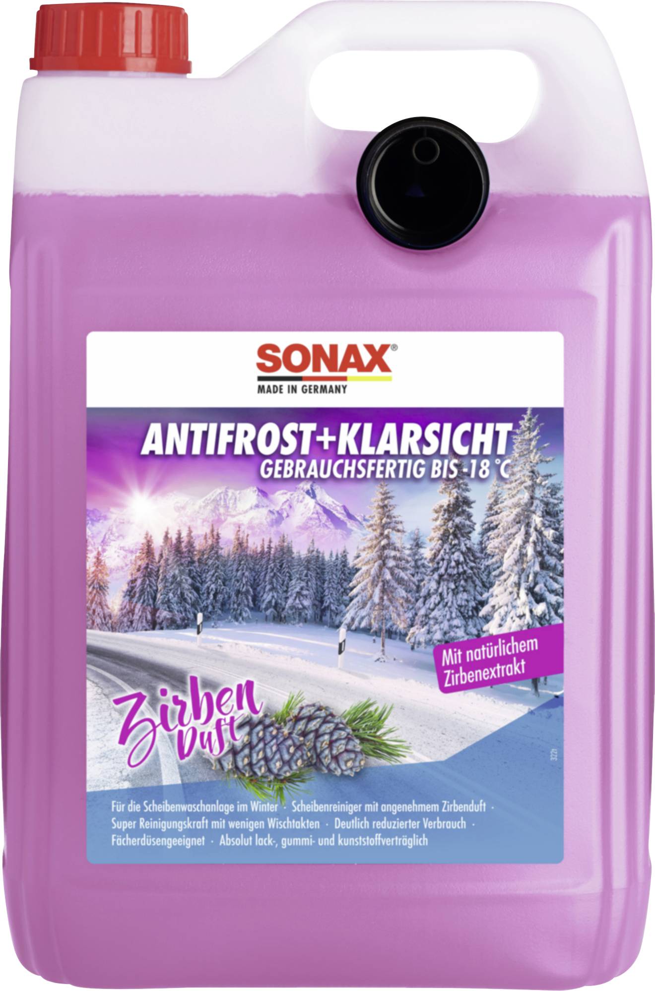 Bidon multifonction avec un liquide violet et un paysage hivernal, portant l'inscription « Antigel + Lave-glace, prêt à l'emploi jusqu'à -18°C, parfum de pin cembro ».