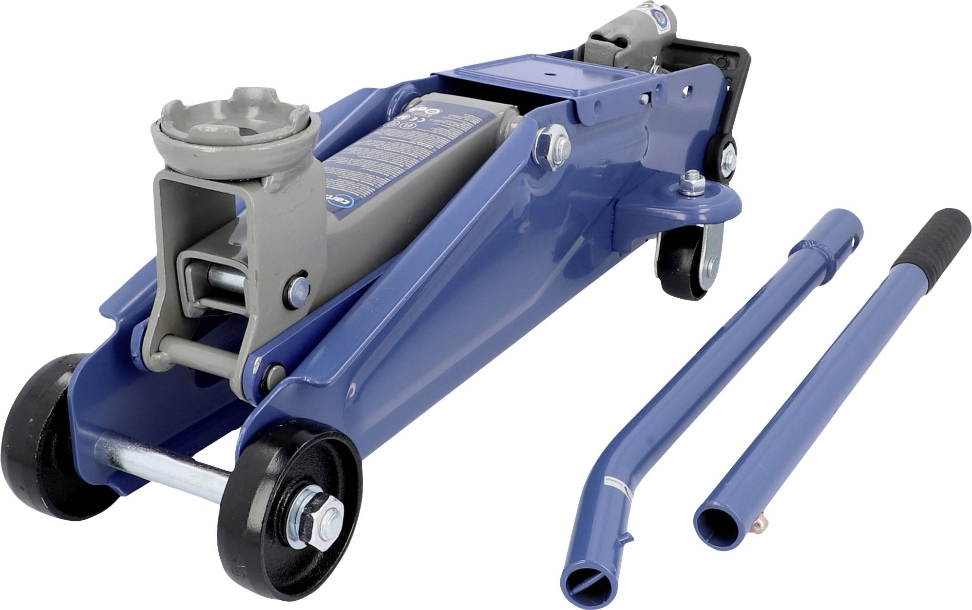 Un cric bleu avec deux poignées, prêt à soulever un véhicule. Il est doté de roues solides et d'une construction métallique.