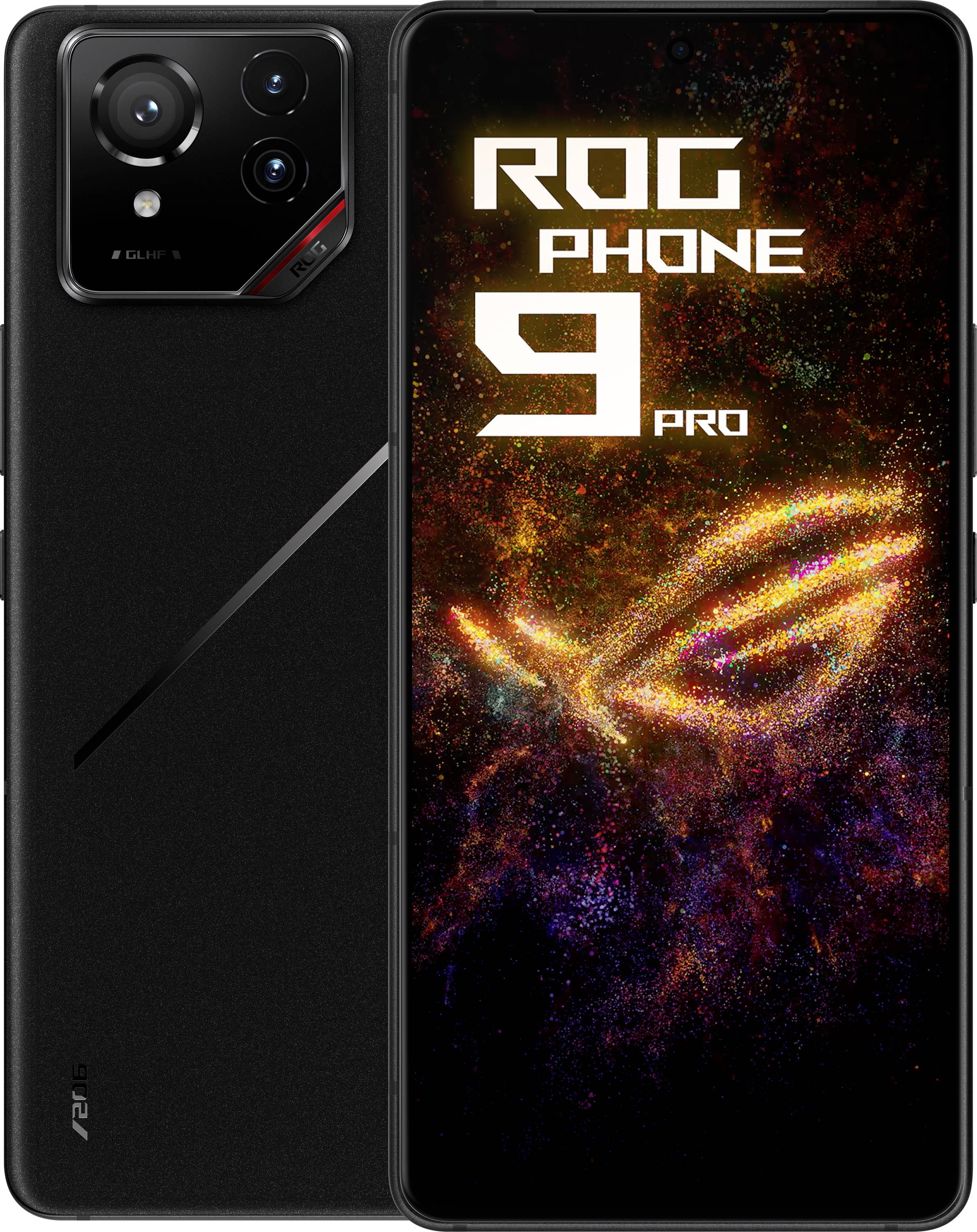 Smartphone 'ROG Phone 9 Pro' montrant l'avant et l'arrière, avec un logo lumineux et le système de caméras visible.