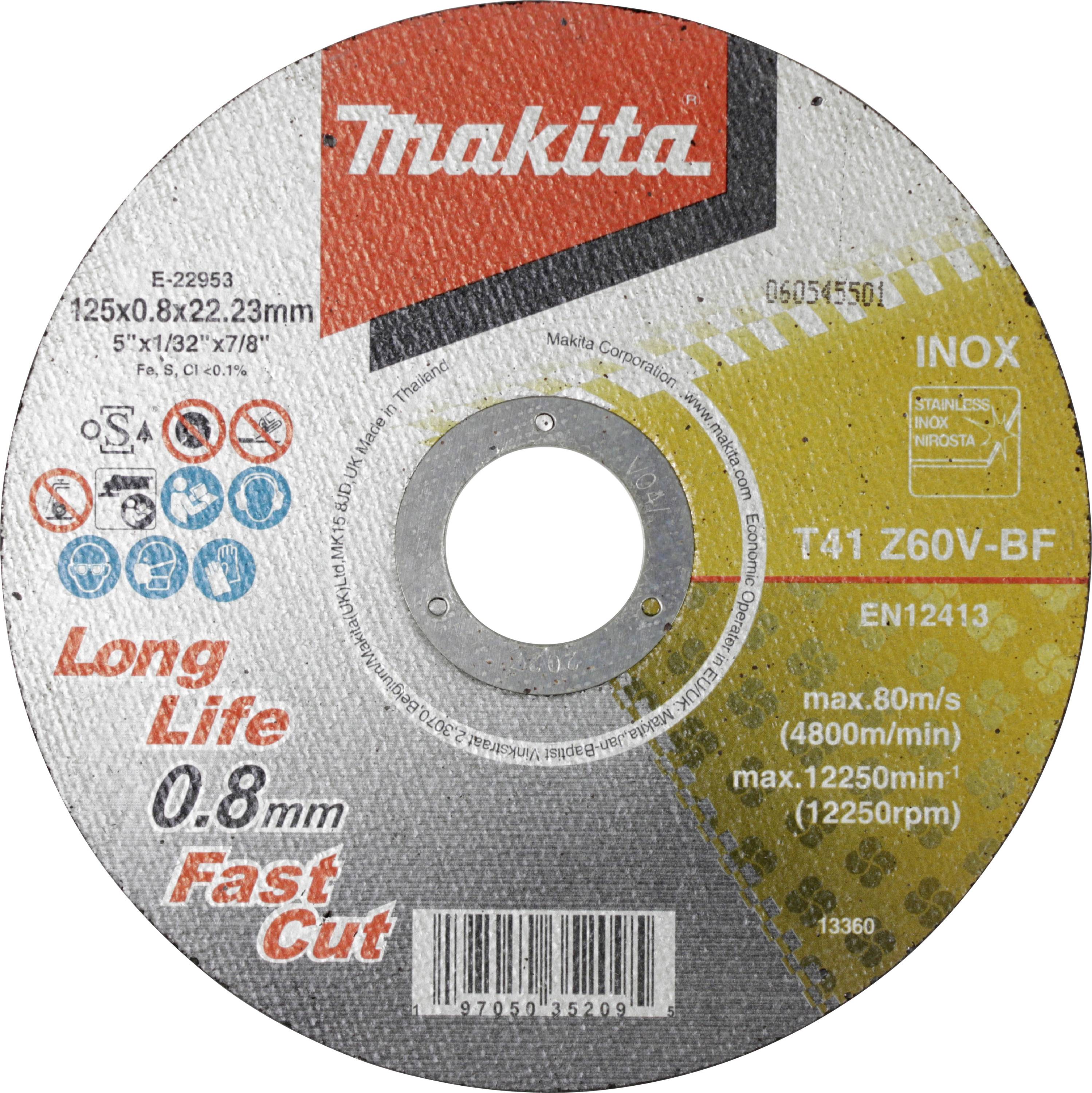 Disque de coupe pour métal, marque Makita, diamètre 125 mm, avec indication de la vitesse de rotation maximale et de l'épaisseur du bord de coupe.