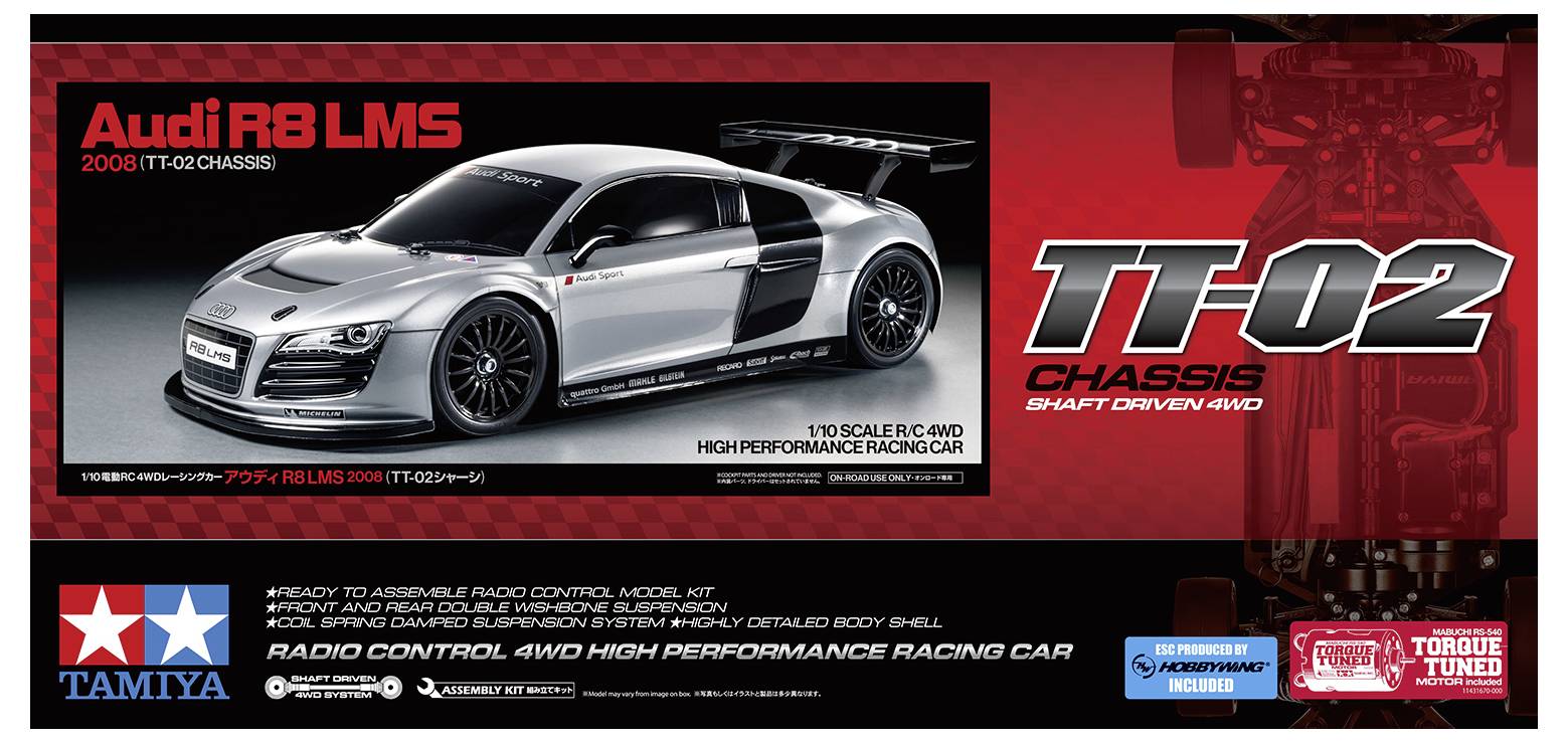 Emballage du châssis 'TT-02' d'un modèle télécommandé 'Audi R8 LMS', argent avec des accents noirs, de Tamiya. Échelle 1:10.