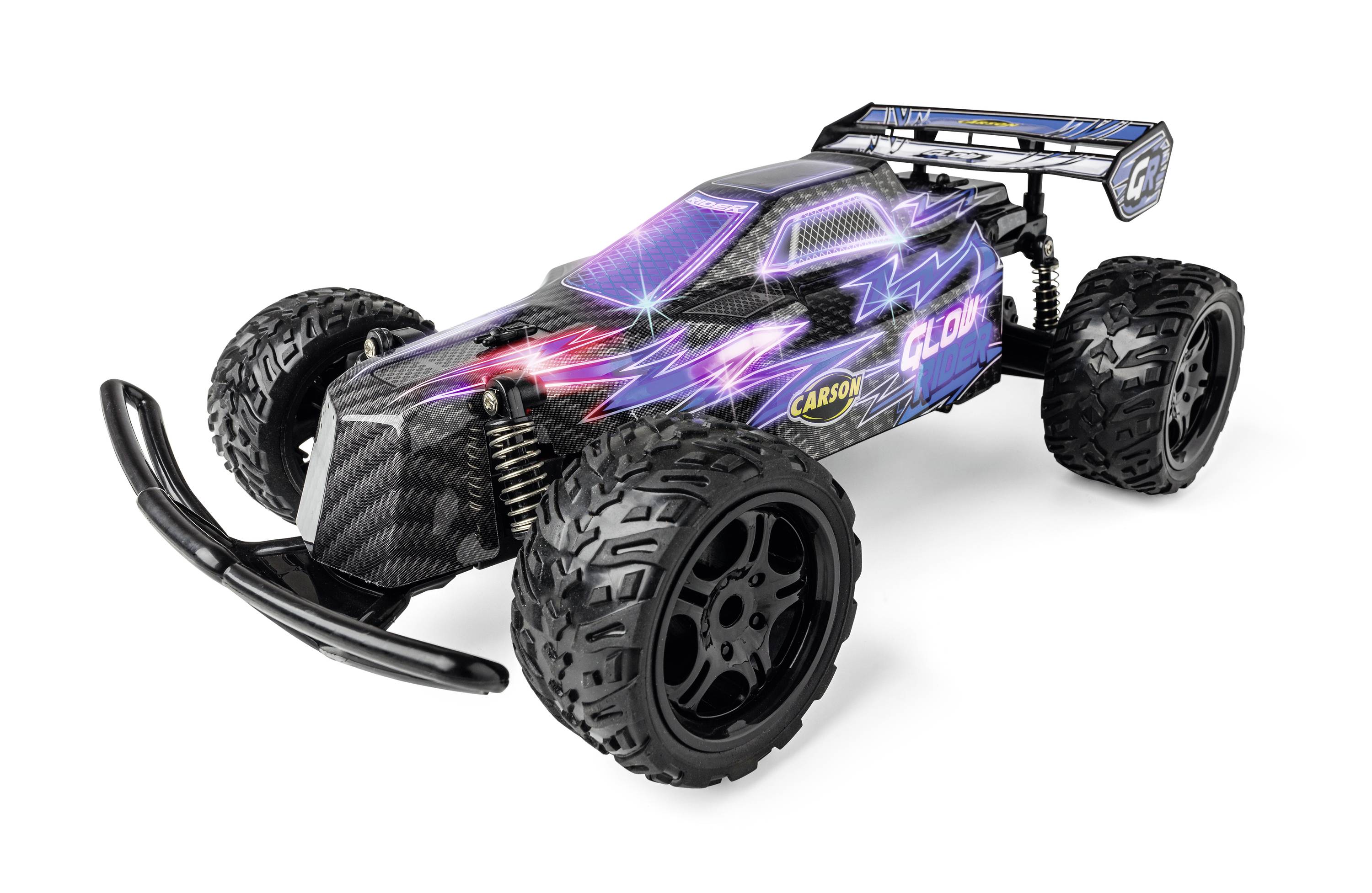 Carson Modellsport Glow Rider bleu 1:12 Auto RC électrique Buggy 100% RtR 2,4 GHz avec accu, chargeur et piles pour l'émetteur