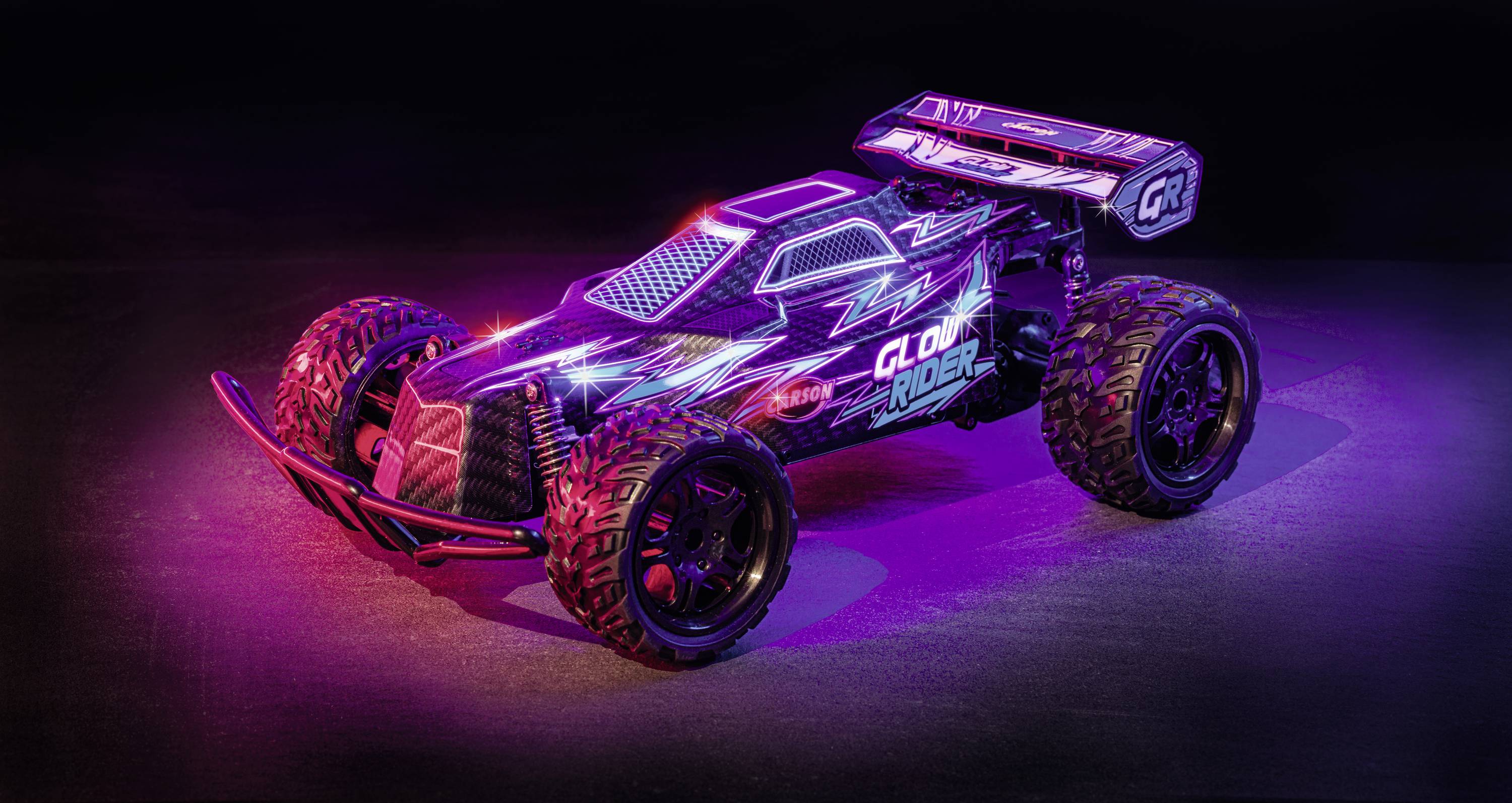 Carson Modellsport Glow Rider bleu 1:12 Auto RC électrique Buggy 100% RtR 2,4 GHz avec accu, chargeur et piles pour l'émetteur