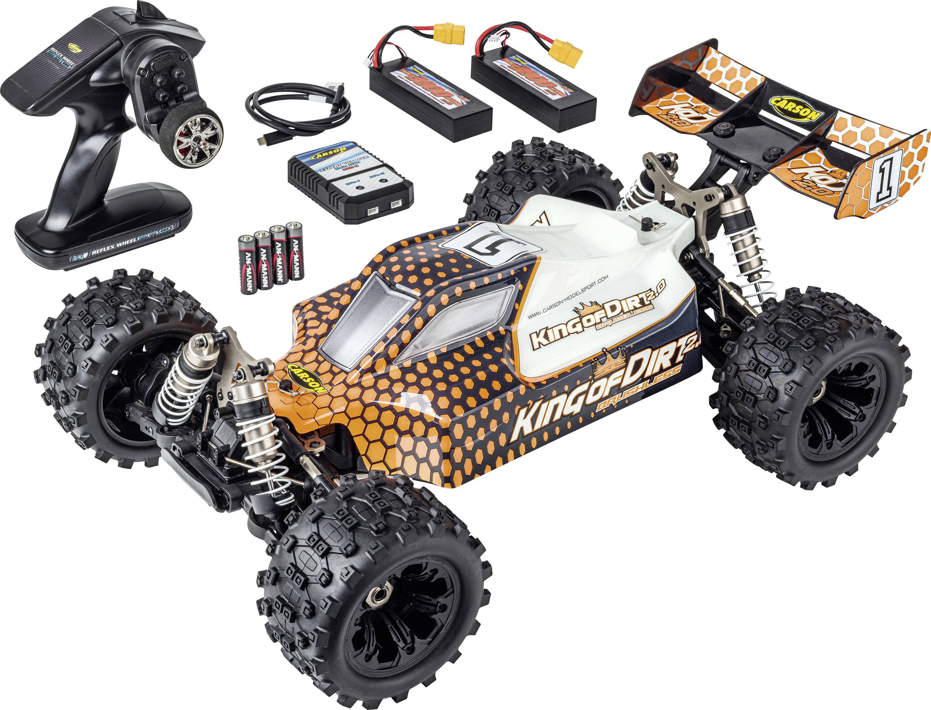 Carson Modellsport King of Dirt 2.0 orange, noir 1:8 Auto RC électrique Buggy 100% RtR 2,4 GHz avec accu, chargeur et piles pour